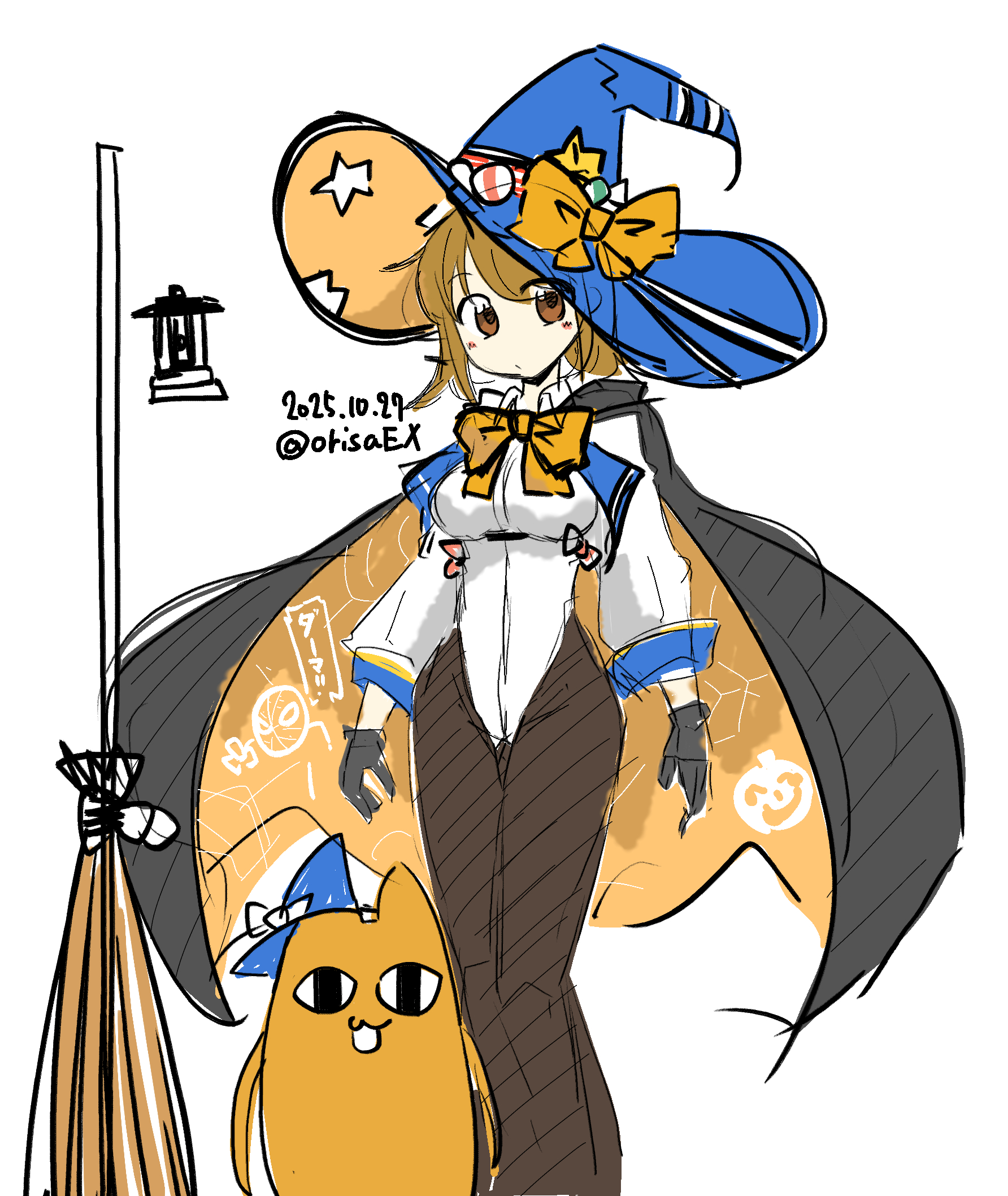 shiki kyouzoku, mihama chiyo's father, richard p. leary (halloween) (kancolle), richard p. leary (kancolle), richard p. leary kai (kancolle), azumanga daiou, kantai collection, highres, 1girl, black gloves, black pantyhose, blue hat, broom, brown eyes, brown hair, cape, cat, crossover, dated, feet out of frame, flipped hair, gloves, halloween costume, hat, leotard, pantyhose, short hair, sleeved leotard, twitter username, two-sided cape, two-sided fabric, two-sided headwear, white leotard, witch hat