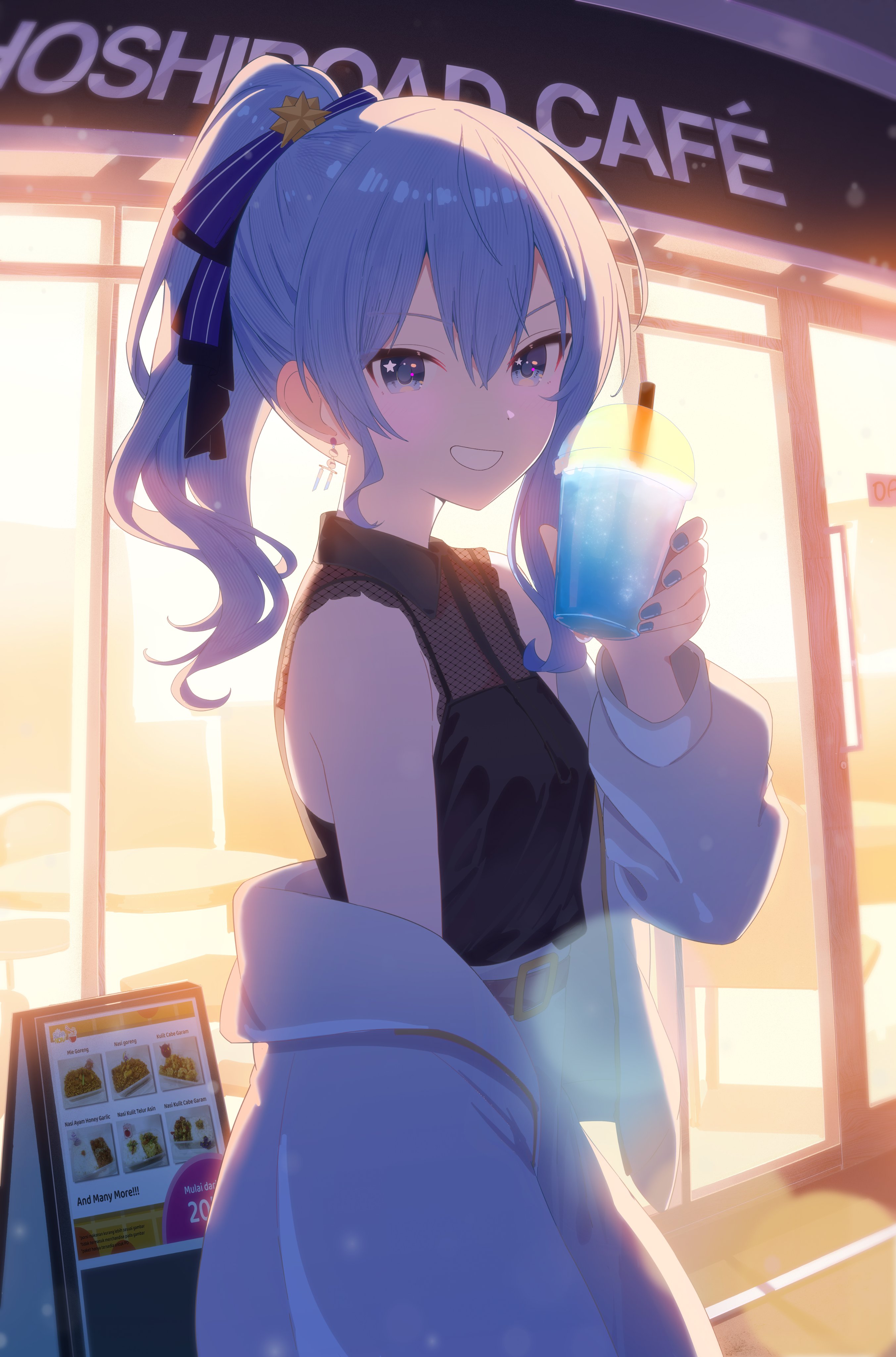 deozt, hoshimachi suisei, hololive, absurdres, hashtag-only commentary, highres, 1girl, :d, asymmetrical sidelocks, black shirt, blue eyes, blue hair, breasts, collared shirt, cup, double-parted bangs, earrings, grin, hair between eyes, high ponytail, holding, holding cup, jacket, jacket partially removed, jewelry, looking at viewer, medium hair, open mouth, ponytail, shirt, sidelocks, sleeveless, sleeveless shirt, small breasts, smile, solo, star (symbol), star in eye, symbol in eye, virtual youtuber, white jacket