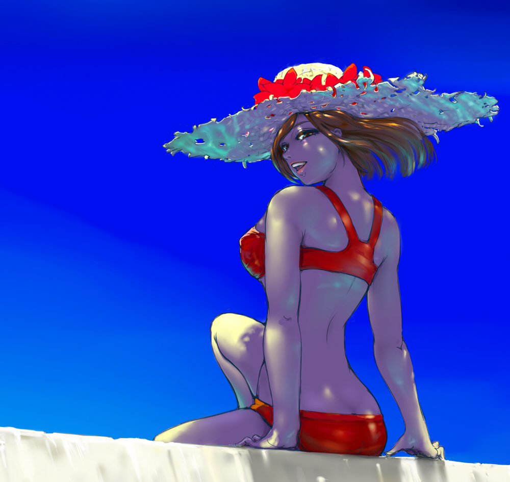 konpasu, meiko (vocaloid), vocaloid, 1girl, back, bare shoulders, bikini, breasts, brown hair, day, female focus, flower, hat, large breasts, looking back, open mouth, outdoors, short hair, sky, smile, solo, straw hat, swimsuit