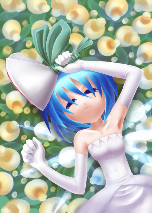 kuresento, cirno, touhou, 1girl, bad anatomy, bare shoulders, blue eyes, blue hair, bouquet, bride, dress, elbow gloves, female focus, flower, gloves, matching hair/eyes, short hair, solo, strapless, strapless dress, wedding dress, wings