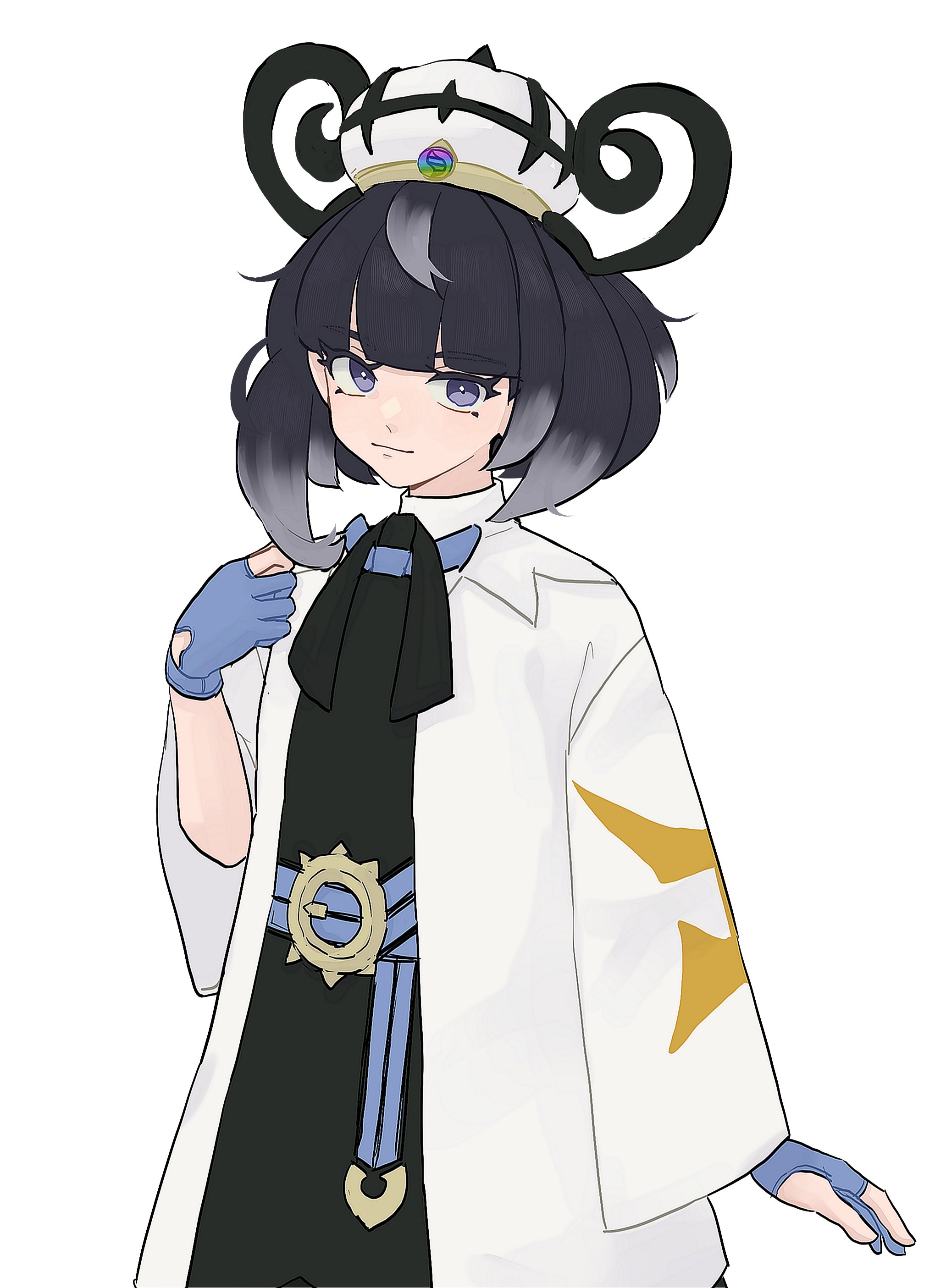 hahm0106, gwynn (pokemon), nintendo, pokemon, pokemon legends: z-a, absurdres, highres, 1girl, belt, belt buckle, black dress, black hair, bob cut, buckle, closed mouth, coat, dress, gloves, hat, long sleeves, looking at viewer, mega stone, o-ring, o-ring belt, open clothes, open coat, partially fingerless gloves, purple eyes, short hair, smile, solo, white background, white coat, white hat, wide sleeves