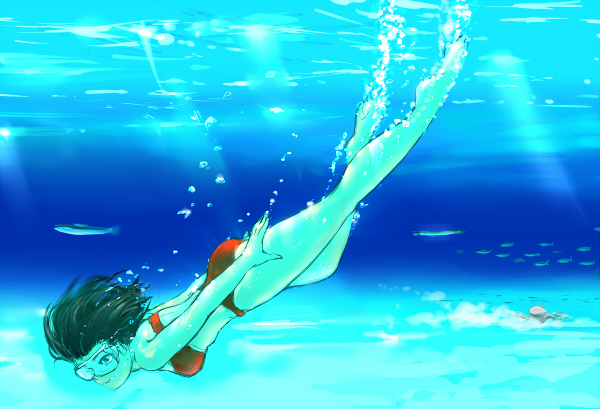 konpasu, meiko (vocaloid), vocaloid, 1girl, barefoot, bikini, brown eyes, brown hair, bubble, crab, diving, diving mask, female focus, fish, freediving, full body, goggles, kicking, motion blur, orca, short hair, smile, solo, sunlight, swimming, swimsuit, underwater