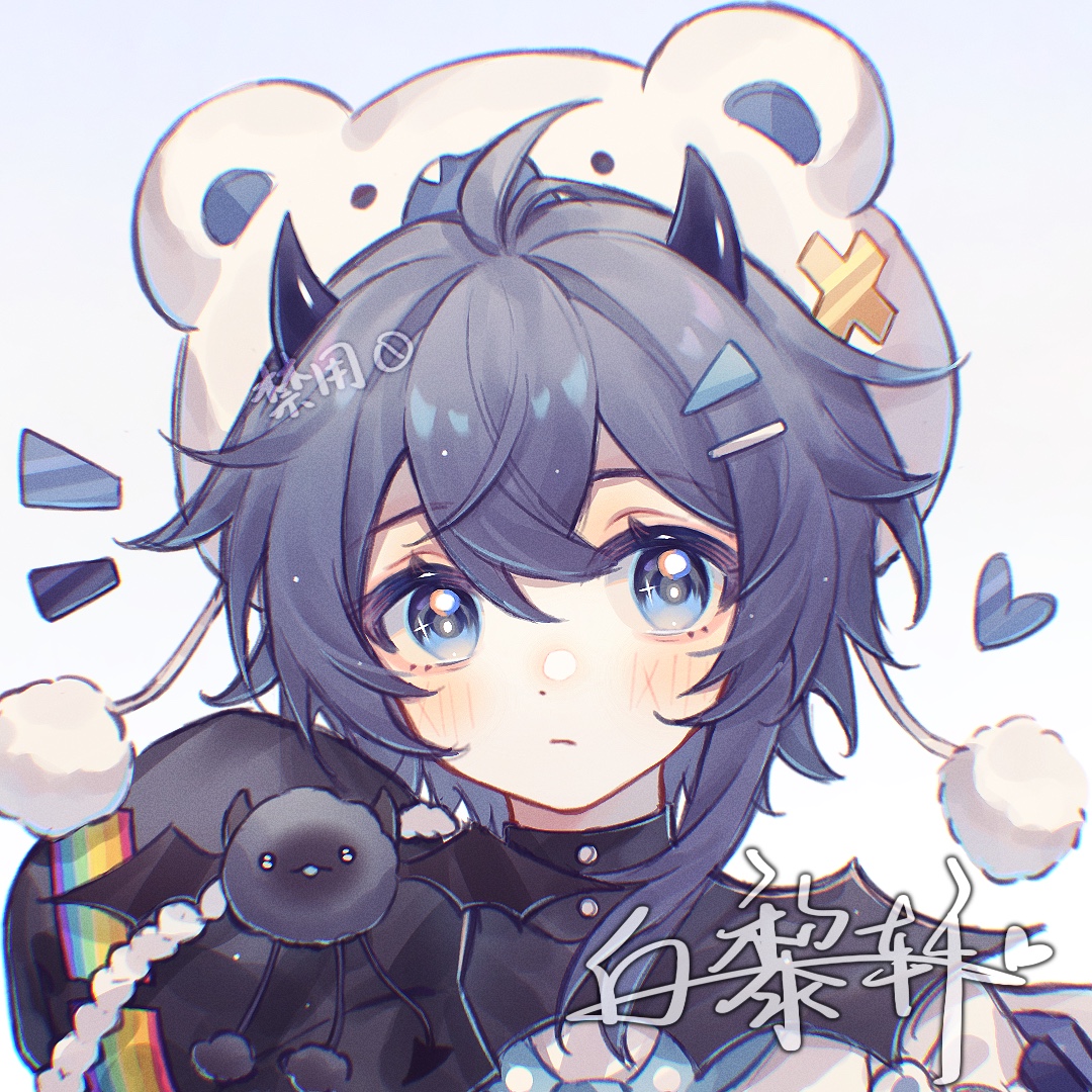 original, 1girl, ahoge, bai li xuan, bear hat, black horns, black shirt, blue eyes, blue hair, blush, closed mouth, double-parted bangs, grey background, hair between eyes, hat, horns, looking at viewer, portrait, shirt, short hair, simple background, solo, white hat