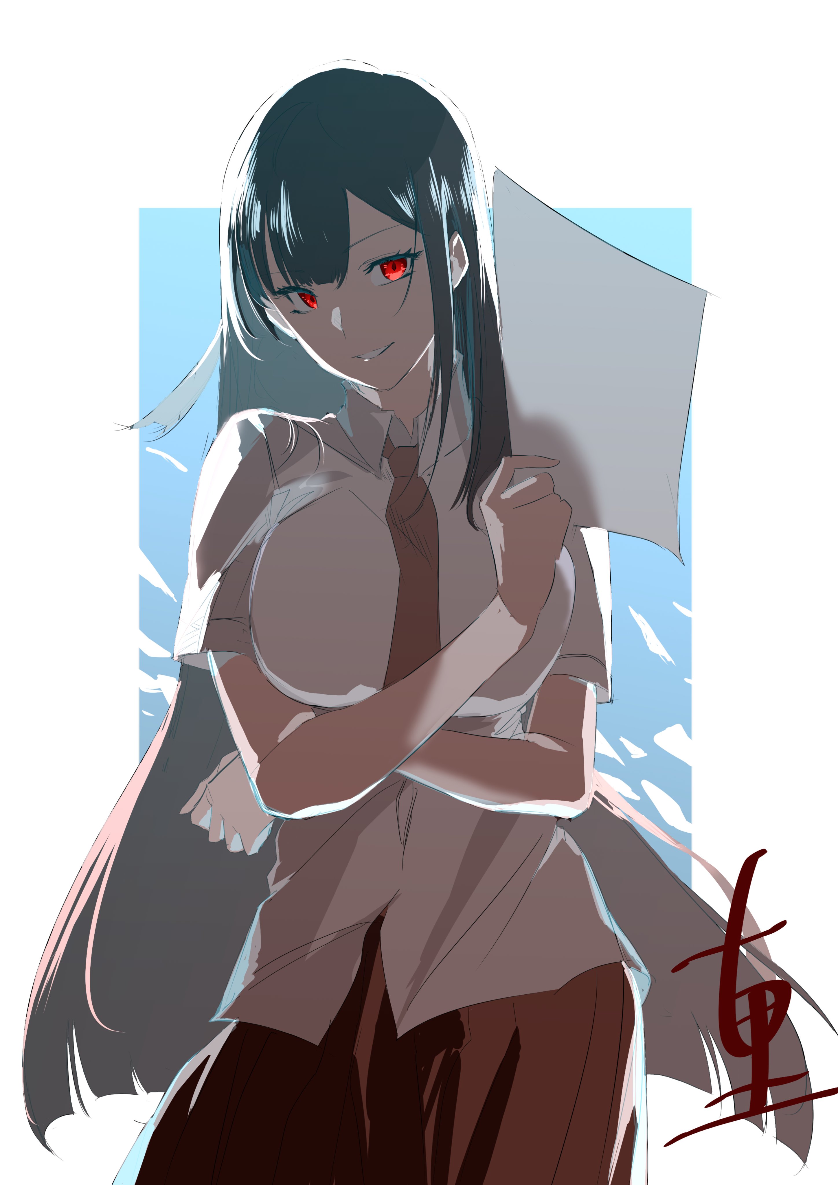 nue (nue no onmyouji), nue no onmyouji, absurdres, highres, 1girl, arm under breasts, black hair, breasts, collared shirt, fccrcrvim924172, holding, holding paper, large breasts, long hair, necktie, paper, red eyes, red skirt, school uniform, shirt, short sleeves, signature, skirt, smile, solo, square, white shirt
