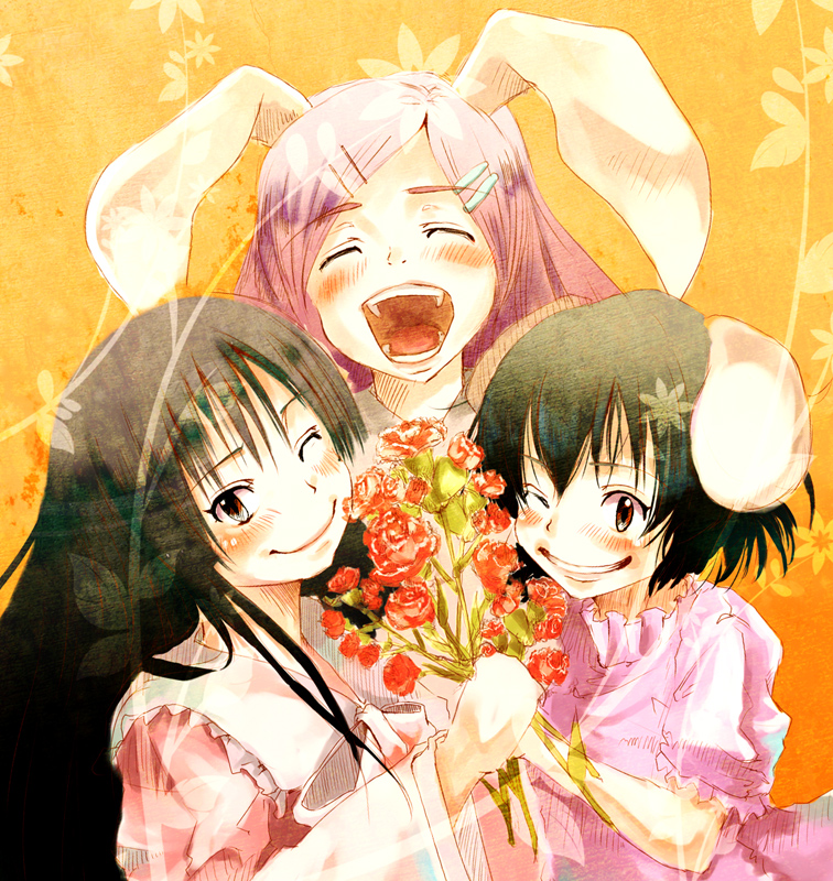 yae (mono110), houraisan kaguya, inaba tewi, reisen udongein inaba, touhou, bad id, bad pixiv id, 3girls, animal ears, black hair, carnation, closed eyes, female focus, flower, grin, hair ornament, hairclip, holding, holding flower, long hair, looking at viewer, multiple girls, one eye closed, open mouth, orange background, purple hair, rabbit ears, red carnation, red eyes, red flower, short hair, smile, upper body, wink