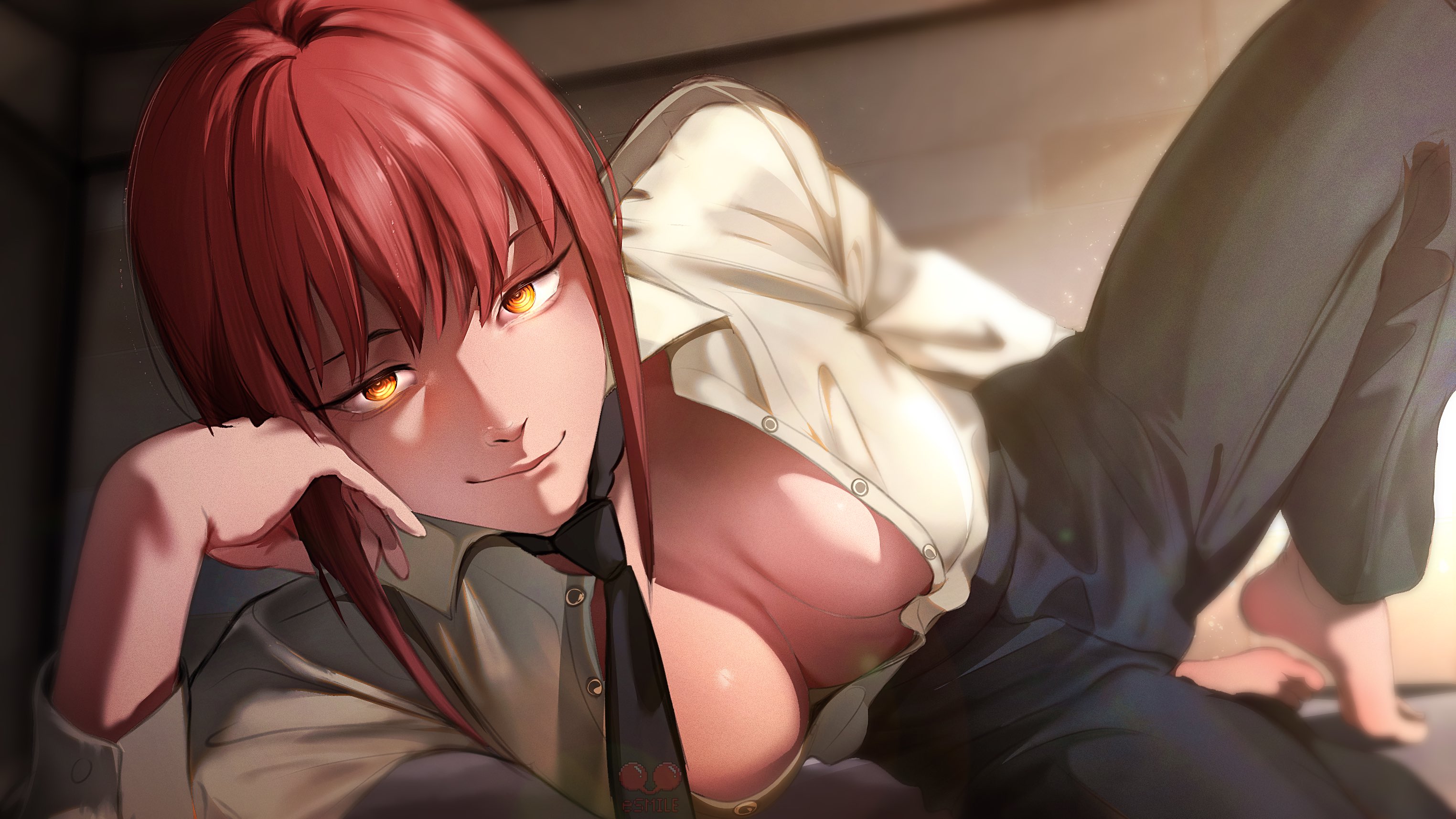 esmile, makima (chainsaw man), chainsaw man, commentary, english commentary, highres, 1girl, barefoot, black necktie, black pants, blurry, breasts, closed mouth, collared shirt, depth of field, elbow rest, formal clothes, head rest, knee up, large breasts, long sleeves, looking at viewer, lying, necktie, no bra, on side, pants, partially unbuttoned, red hair, ringed eyes, shirt, shirt tucked in, sidelocks, smile, solo, white shirt, yellow eyes