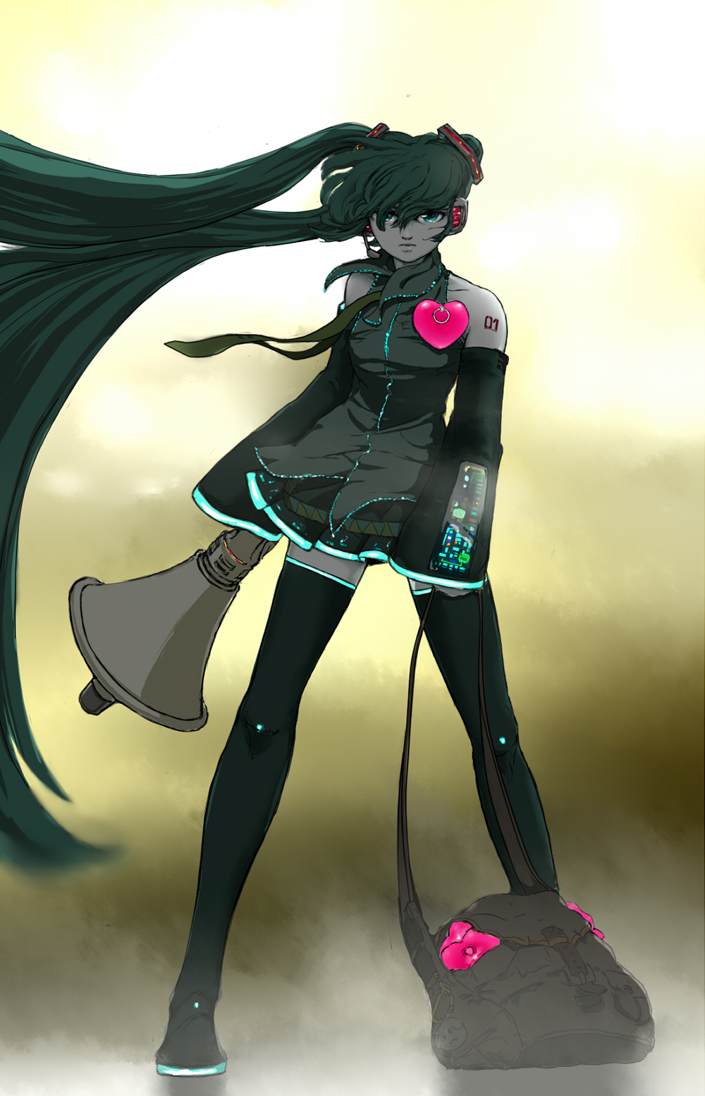 konpasu, hatsune miku, koi wa sensou (vocaloid), vocaloid, highres, 1girl, aqua eyes, bag, detached sleeves, female focus, full body, gradient background, green hair, headphones, heart, heart on chest, long hair, megaphone, microphone, necktie, skirt, solo, standing, thighhighs, twintails, very long hair, wind