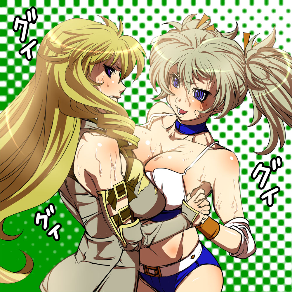 fuuta, wrestle angels, oil, 2girls, bandaid, bikini, blonde hair, breast fight, breast press, breasts, catfight, choker, cleavage, drill hair, elbow pads, fighting, multiple girls, playing sports, purple eyes, short twintails, shorts, spiral, sweat, swimsuit, symmetrical docking, twintails, wrestling, yuri