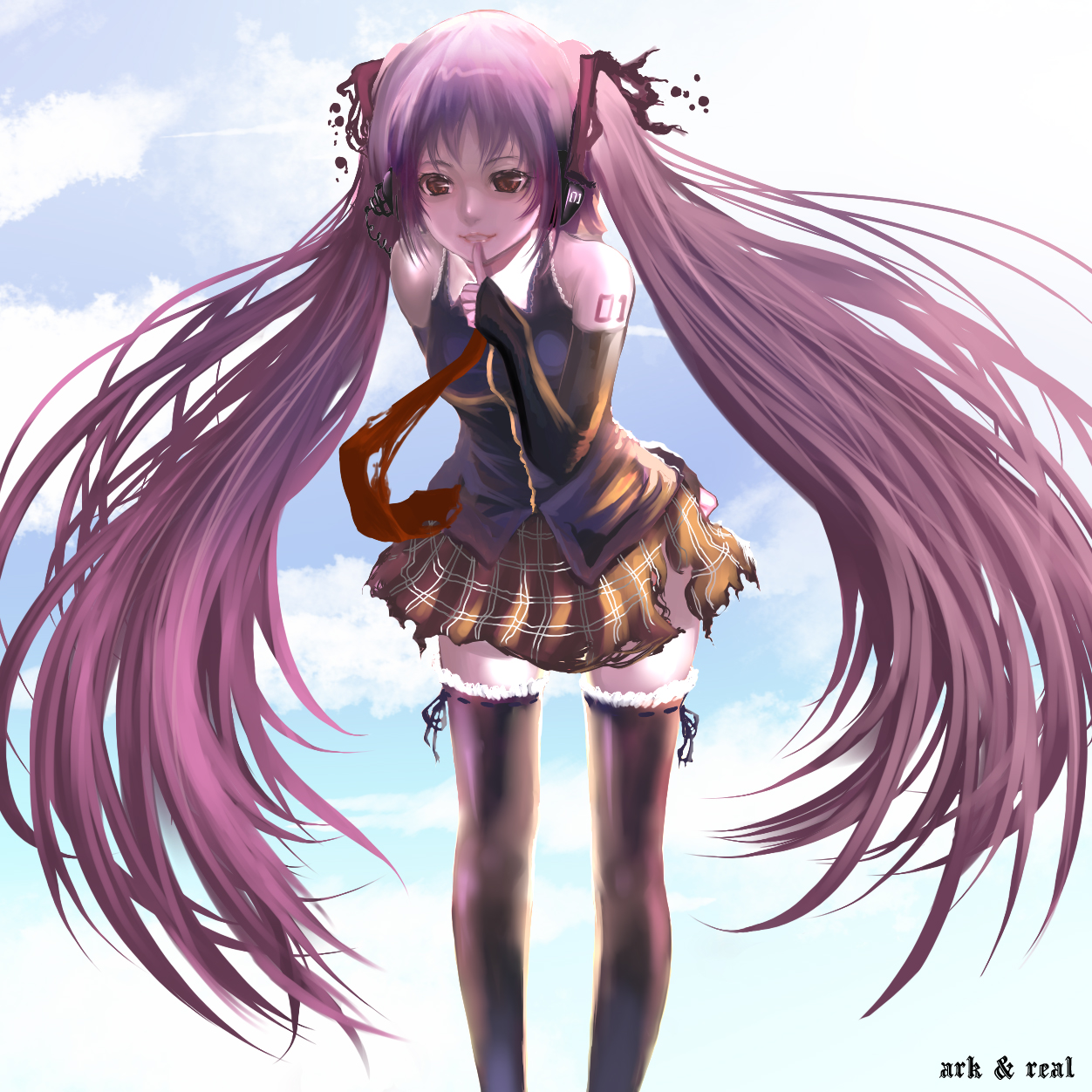 realmbw, hatsune miku, vocaloid, highres, 1girl, alternate hair color, arm behind back, female focus, finger to mouth, leaning forward, legs, lips, long hair, pink hair, skirt, smile, solo, thighhighs, torn clothes, twintails, very long hair