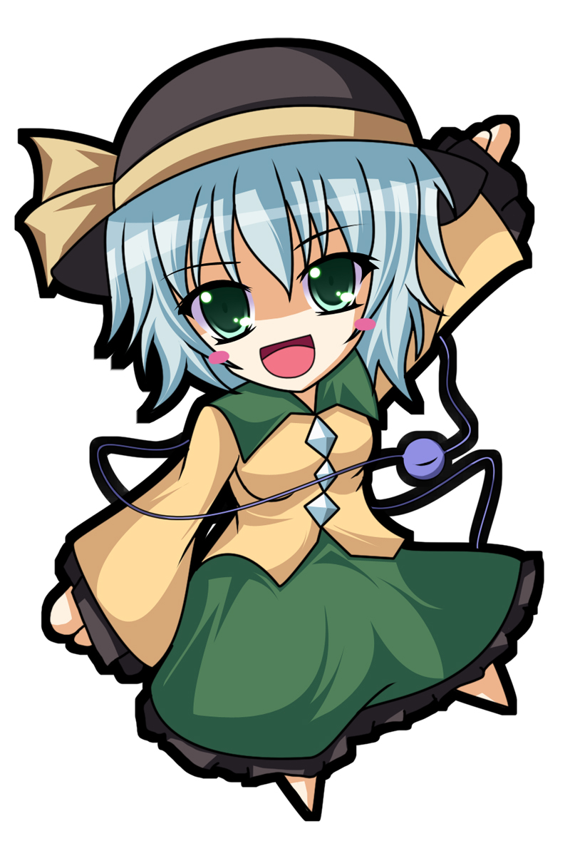 onsen tamago (nurumayu onsen), komeiji koishi, touhou, silver hair, bad id, bad pixiv id, highres, 1girl, chibi, female focus, full body, green eyes, hat, simple background, skirt, solo, white background