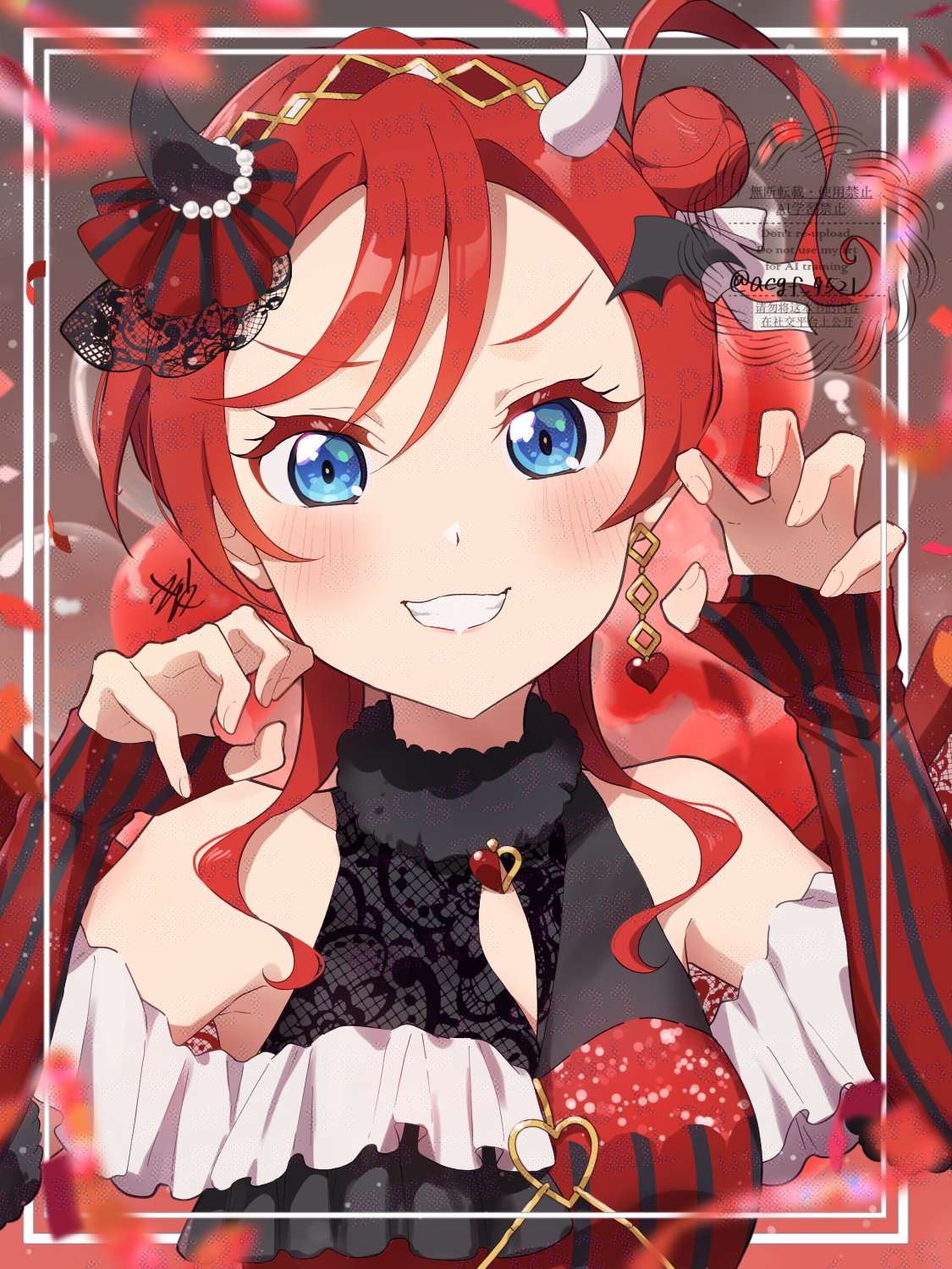 kyaku tasu, yoneme mei, love live!, love live! superstar!!, commentary, highres, 1girl, balloon, birthday, blue eyes, blush, breasts, claw pose, confetti, demon horns, earrings, grin, hair bun, horns, jewelry, red hair, signature, single earring, single side bun, small breasts, smile, solo, twitter username, upper body, watermark