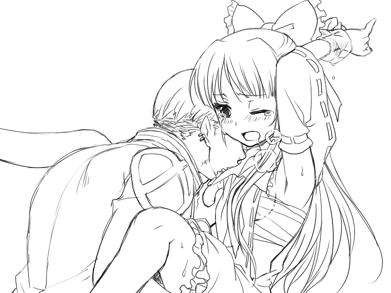 esaka, hakurei reimu, iceman (x-men), m.u.g.e.n, marvel, touhou, x-men, bad id, bad pixiv id, 1boy, 1girl, armpits, bdsm, bondage, bound, bound wrists, bow, breasts, breath, couple, crossover, detached sleeves, earrings, grabbing another's breast, greyscale, groping, hair bow, hetero, jewelry, kiss, licking, licking armpit, monochrome, one eye closed, sarashi, sideboob, tears, wink