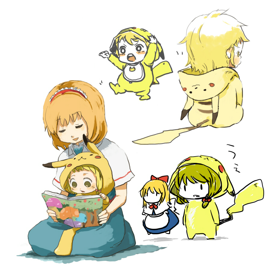 katayudetamago, alice margatroid, kirisame marisa, pikachu, shanghai doll, nintendo, pokemon, touhou, bad id, bad pixiv id, 3girls, aged down, animal costume, blonde hair, book, chibi, child, cosplay, costume, doll, female focus, gen 1 pokemon, hairband, hood, multiple girls, multiple views, pajamas, pikachu (cosplay), pikachu costume, short hair, sitting, sitting on lap, sitting on person, standing, yellow eyes
