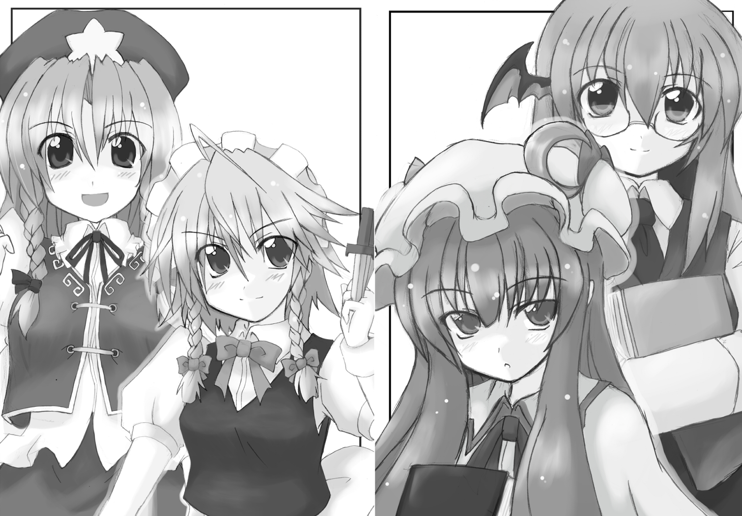 eku, hong meiling, izayoi sakuya, koakuma, patchouli knowledge, embodiment of scarlet devil, touhou, bad id, bad pixiv id, 4girls, bespectacled, book, braid, female focus, glasses, greyscale, hat, head wings, knife, maid, monochrome, multiple girls, skirt, twin braids, upper body, white background, wings