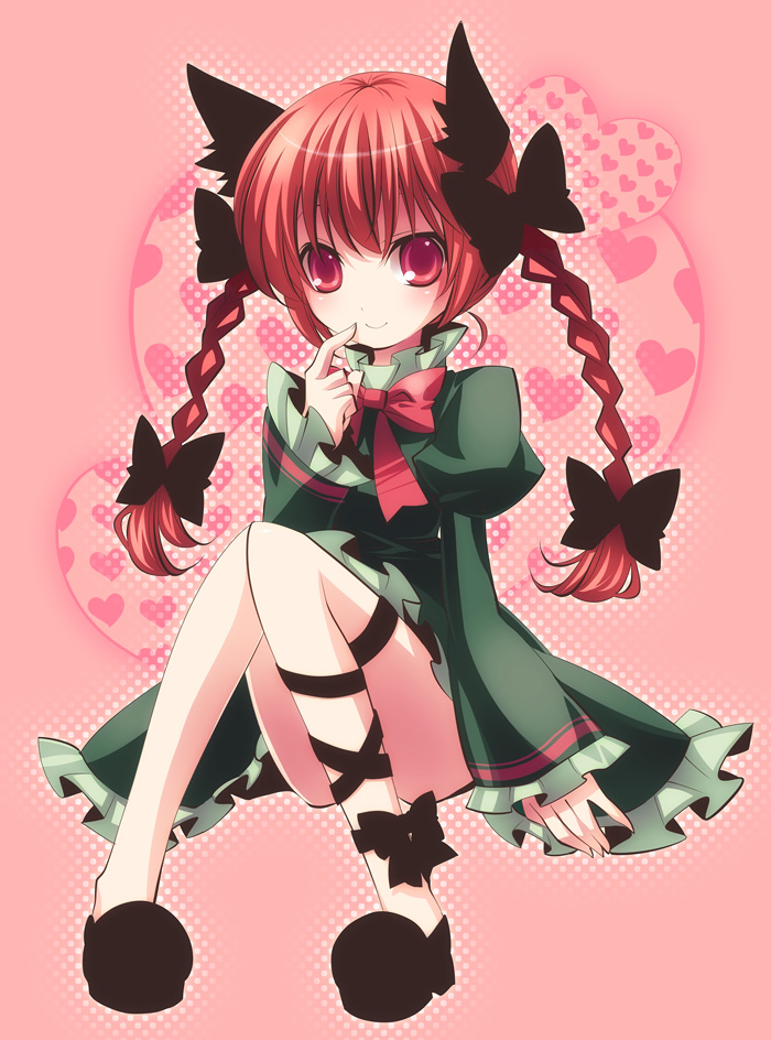 moru, kaenbyou rin, touhou, bad id, bad pixiv id, 1girl, animal ears, braid, cat ears, cat girl, cat tail, female focus, full body, hair ribbon, long hair, red eyes, red hair, ribbon, sitting, solo, tail, twin braids