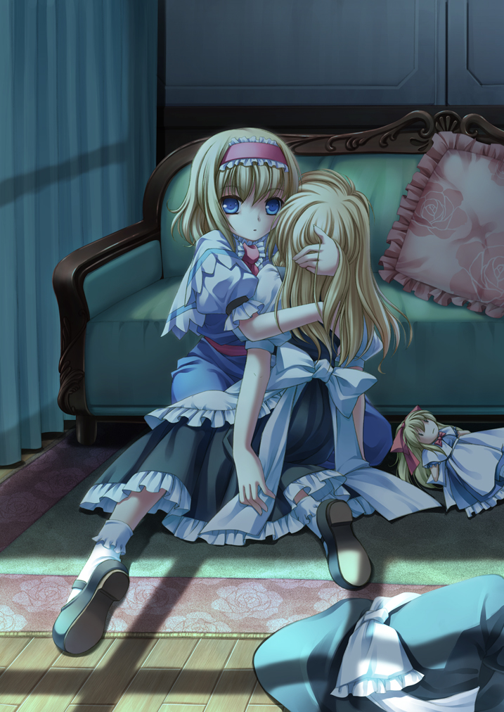 takatsukasa yue, alice margatroid, kirisame marisa, shanghai doll, touhou, 2girls, blonde hair, blue eyes, couch, creepy, curtains, doll, empty eyes, female focus, frilled pillow, frills, hairband, hat, hug, mary janes, moonlight, multiple girls, pillow, ribbon, rug, shoes, short hair, sunlight, unconscious, witch, witch hat, yandere, yuri, | |