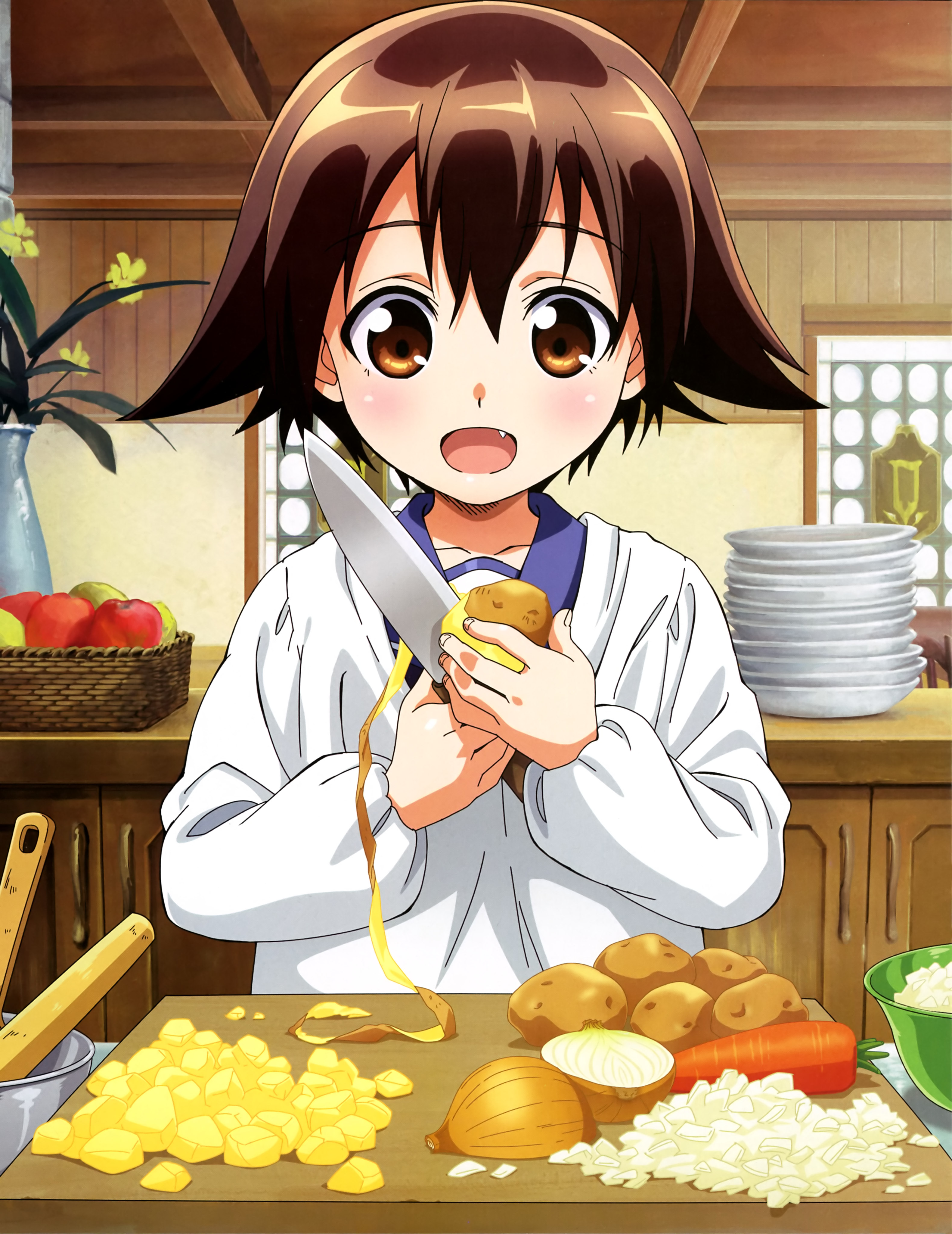 miyafuji yoshika, newtype, strike witches, world witches series, absurdres, artist request, highres, official art, third-party source, 1girl, :d, anime coloring, apple, apron, basket, blue sailor collar, blush, brown eyes, brown hair, carrot, collarbone, cookie, day, fang, flower, food, fruit, holding, holding knife, holding potato, indoors, kappougi, kitchen, kitchen knife, knife, long sleeves, looking at viewer, mixing bowl, onion, open mouth, peeling, plate, plate stack, potato, potato peel, sailor collar, short hair, smile, solo, standing, vase, white apron, window, wooden ceiling, yellow flower