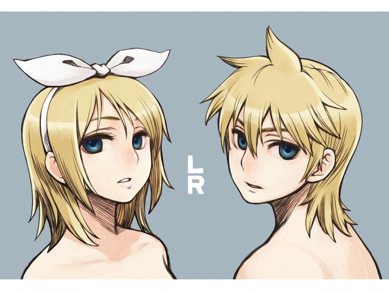 chan co, kagamine len, kagamine rin, vocaloid, 1boy, 1girl, blonde hair, blue eyes, bow, brother and sister, nude, short hair, siblings, twins
