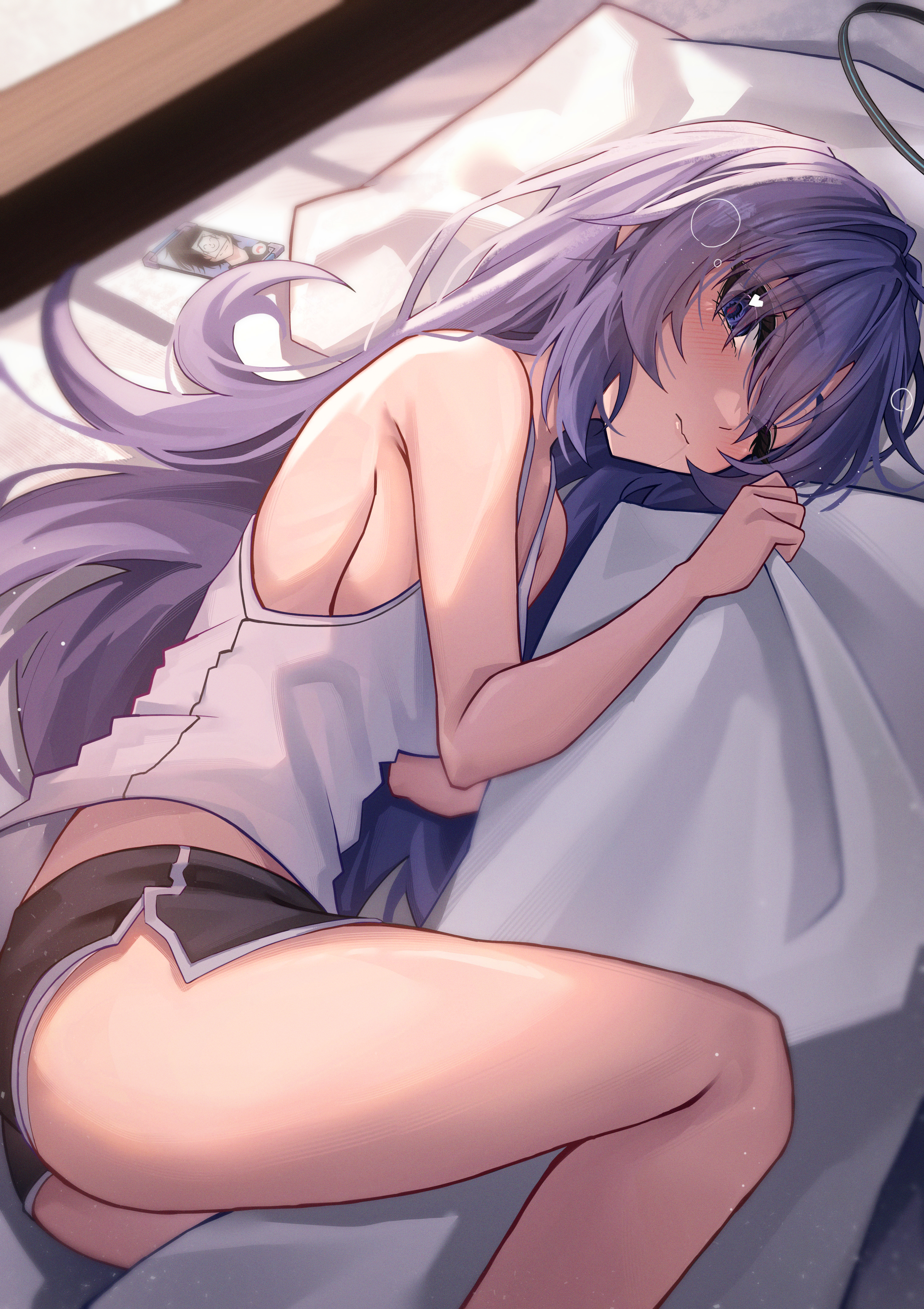 hidel, doodle sensei (blue archive), sensei (blue archive), yuuka (blue archive), blue archive, absurdres, commentary request, highres, 1girl, ass, bare arms, bare legs, bed, bed sheet, between legs, black halo, black shorts, blush, breasts, camisole, closed mouth, dolphin shorts, hair between eyes, halo, indoors, long hair, lying, mechanical halo, medium breasts, on bed, on side, photo (object), purple eyes, purple hair, sheet grab, short shorts, shorts, sideboob, sidelocks, solo, thighs, white camisole