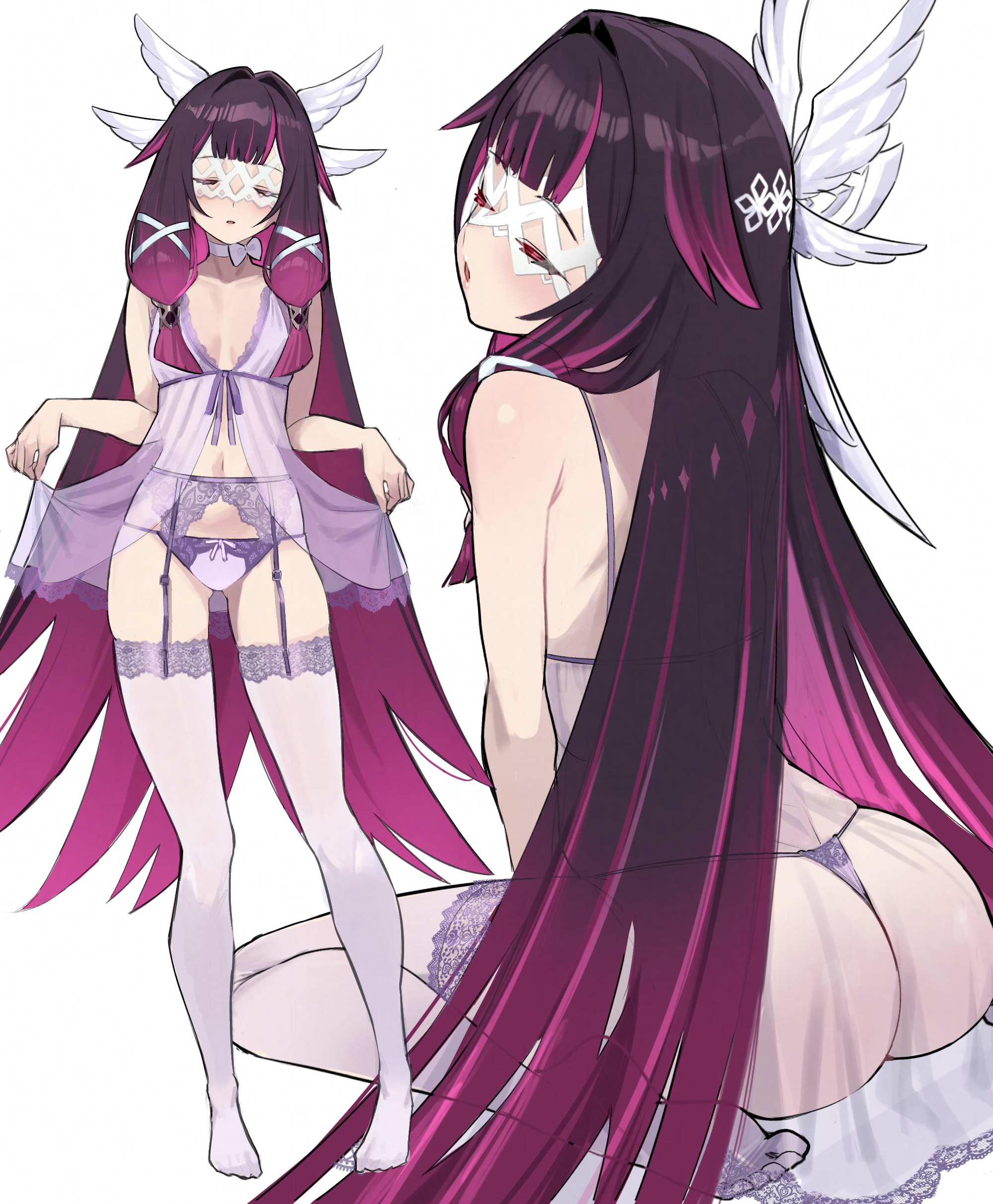 ayatak0517, columbina (genshin impact), genshin impact, absurdres, commentary request, highres, 1girl, ass, babydoll, black hair, breasts, closed eyes, eye mask, garter belt, garter straps, gradient hair, hair wings, lingerie, mask, multicolored hair, navel, panties, parted lips, purple garter belt, purple garter straps, purple hair, see-through babydoll, see-through clothes, simple background, small breasts, stomach, thighhighs, thighs, thong, two-tone hair, underwear, white background, white panties, white thighhighs