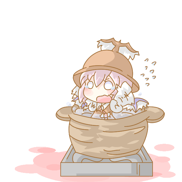 doromizu, mystia lorelei, touhou, bad id, bad pixiv id, 1girl, bad end, chibi, cooking pot, female focus, hat, solo, white background