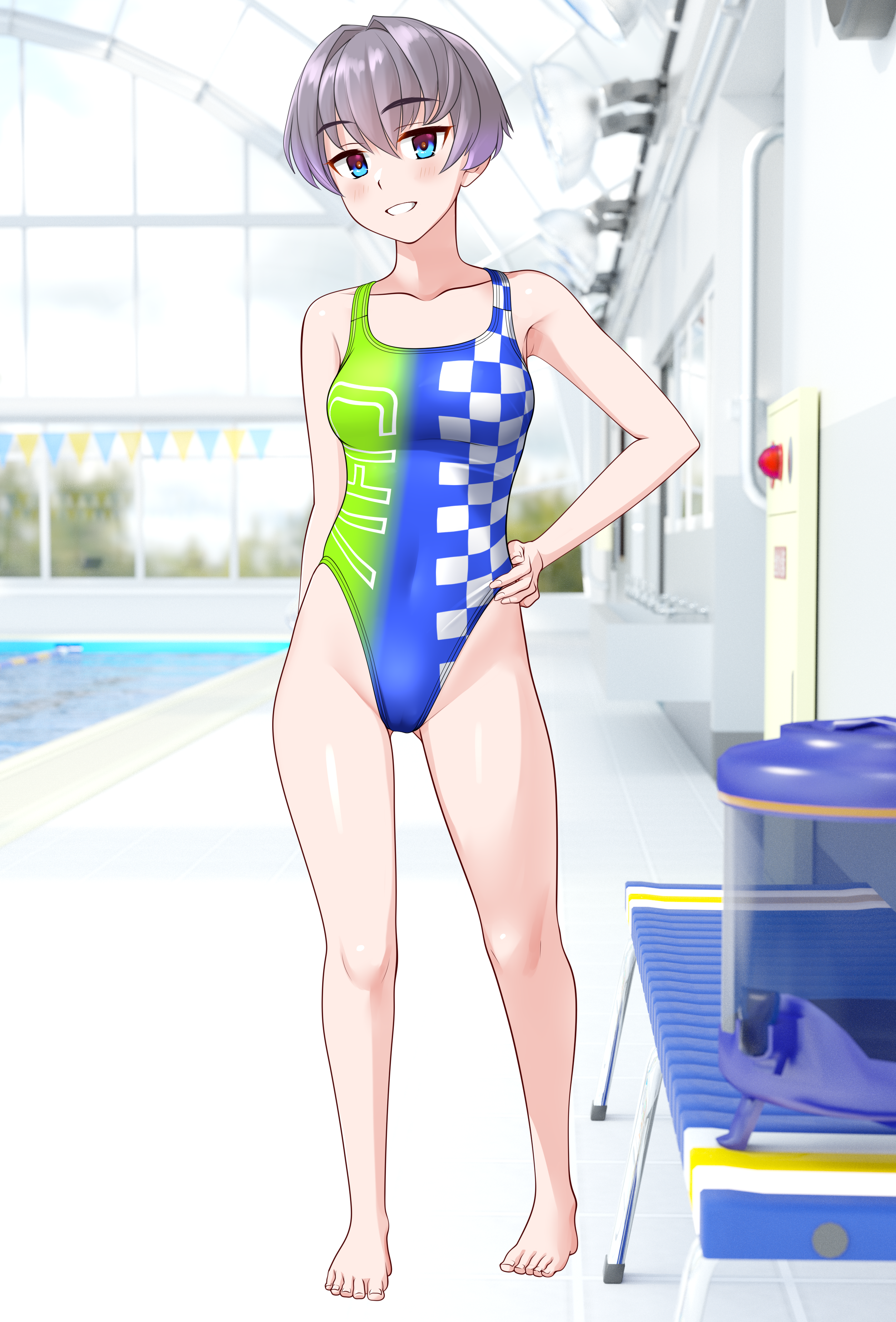 takafumi, original, absurdres, commentary request, highres, variant set, 1girl, barefoot, bench, blue eyes, blue one-piece swimsuit, breasts, checkered clothes, competition swimsuit, full body, gradient swimsuit, grey hair, grin, hand on own hip, highleg, highleg one-piece swimsuit, indoors, medium breasts, multicolored swimsuit, one-piece swimsuit, poolside, race queen, short hair, smile, solo, swimsuit