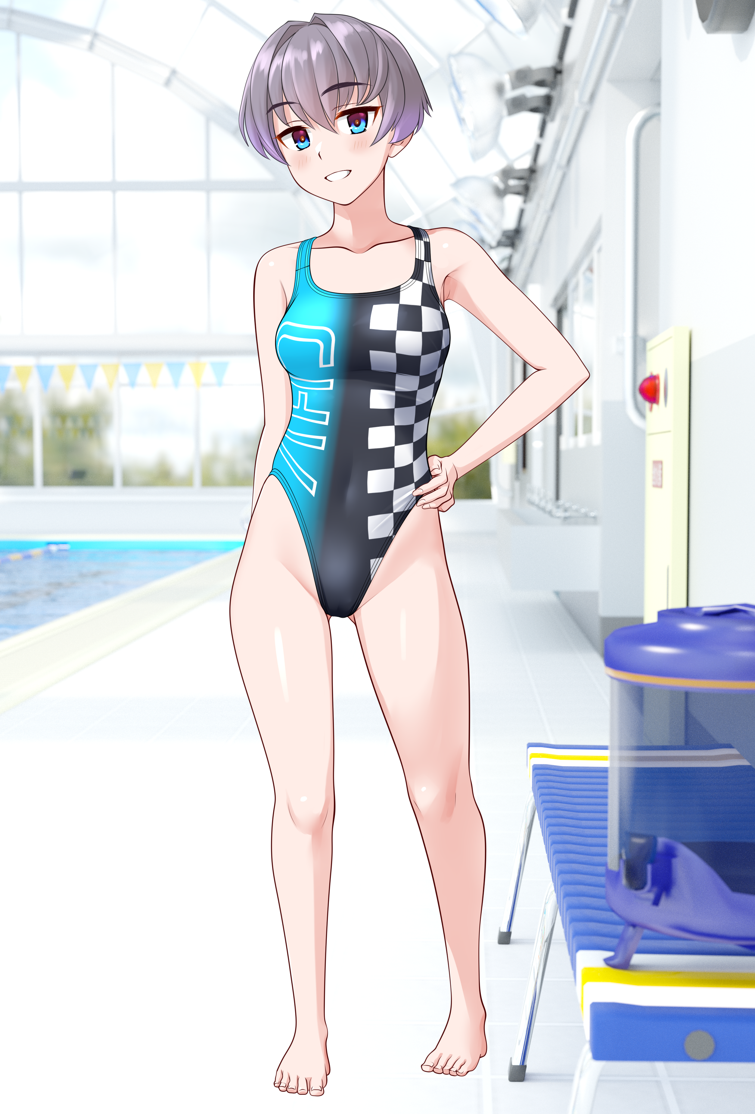 takafumi, original, absurdres, commentary request, highres, variant set, 1girl, barefoot, bench, black one-piece swimsuit, blue eyes, breasts, checkered clothes, competition swimsuit, full body, gradient swimsuit, grey hair, grin, hand on own hip, highleg, highleg one-piece swimsuit, indoors, medium breasts, multicolored swimsuit, one-piece swimsuit, poolside, race queen, short hair, smile, solo, swimsuit