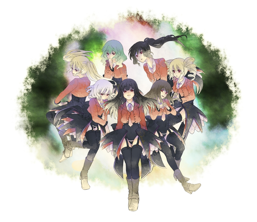 aoi (pixiv335232), asmodeus (umineko), beelzebub (umineko), belphegor (umineko), leviathan (umineko), lucifer (umineko), mammon (umineko), satan (umineko), stakes of purgatory, umineko no naku koro ni, uniform, bad id, bad pixiv id, 00s, 6+girls, multiple girls, necktie, pink necktie, thighhighs