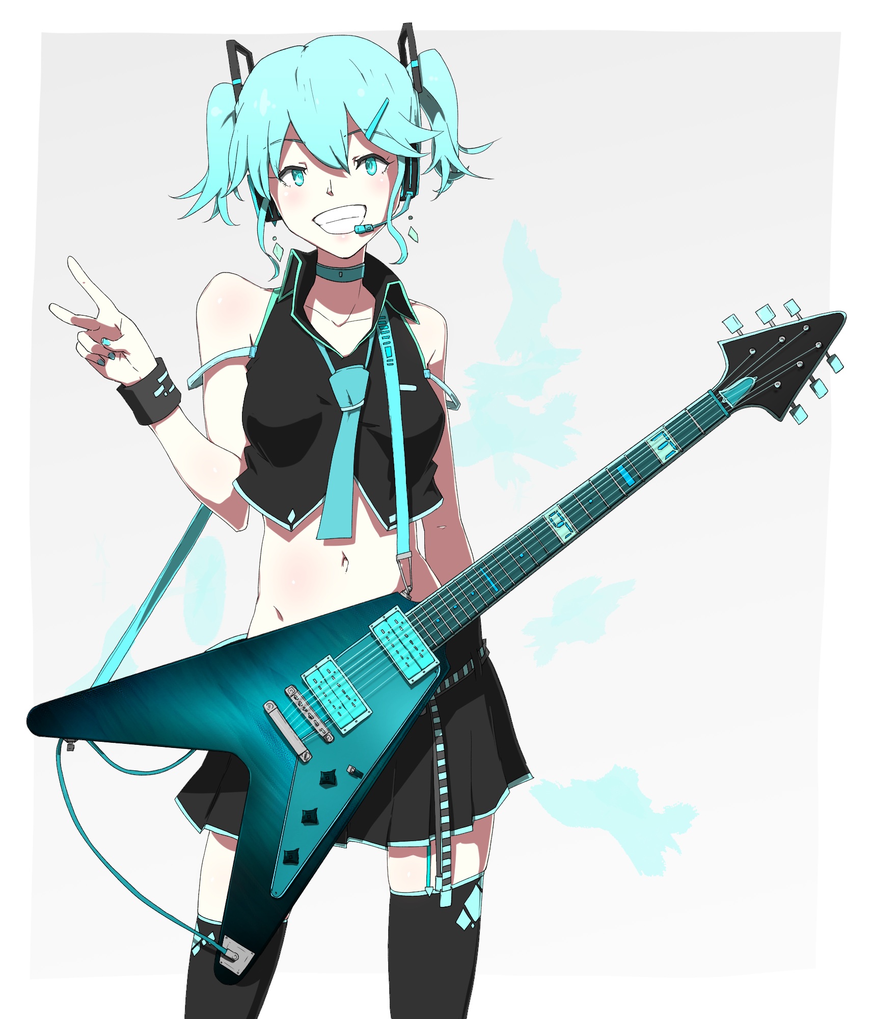 konbari tariumu, hatsune miku, vocaloid, commentary request, highres, 1girl, adapted costume, alternate costume, alternate hair length, alternate hairstyle, arm at side, bare shoulders, black shirt, black skirt, black thighhighs, black wrist cuffs, blue choker, blue eyes, blue hair, blue nails, blue necktie, border, breasts, choker, collared shirt, contrapposto, cowboy shot, crop top, cropped shirt, double-parted bangs, electric guitar, fingernails, garter straps, gibson flying v, grey background, grin, guitar, guitar strap, hair ornament, hairclip, hand up, headphones, headset, instrument, looking at viewer, medium breasts, midriff, miniskirt, nail polish, navel, necktie, pleated skirt, shirt, short hair, short twintails, simple background, skirt, sleeveless, sleeveless shirt, smile, solo, standing, straight-on, thighhighs, twintails, v, white border, wing collar, wrist cuffs, zettai ryouiki