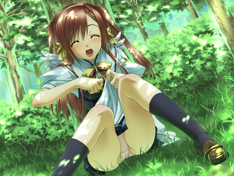 minase lin, murakami suigun, sakurakaze urara, kokoyori haruka -surrounded sea in the world-, game cg, 1girl, against tree, angel wings, black socks, blush, closed eyes, dappled sunlight, day, dutch angle, female focus, grass, hair ornament, hairband, hairclip, happy, miniskirt, outdoors, panties, pantyshot, pink hair, pink panties, pleated skirt, school uniform, sitting, skirt, socks, solo, sunlight, tree, two side up, underwear, white panties, wings
