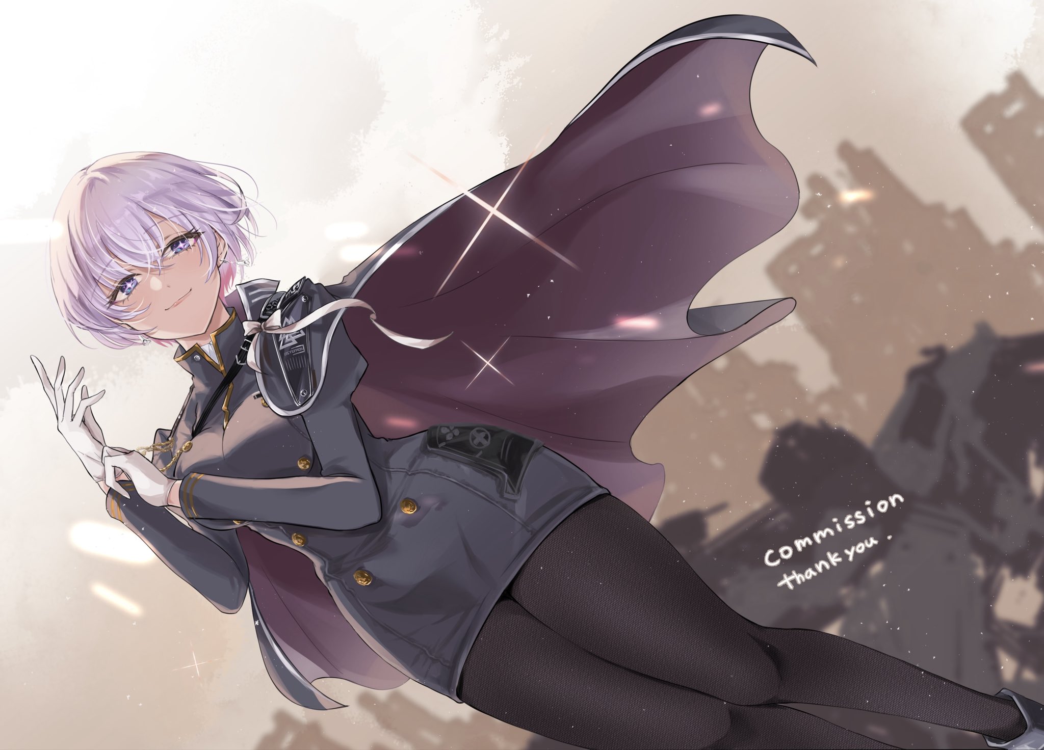kyouhanechaou, liliweiss (nikke), goddess of victory: nikke, commentary request, commission, highres, + +, 1girl, black pantyhose, cape, english text, gloves, long sleeves, pantyhose, short hair, smile, solo, white gloves