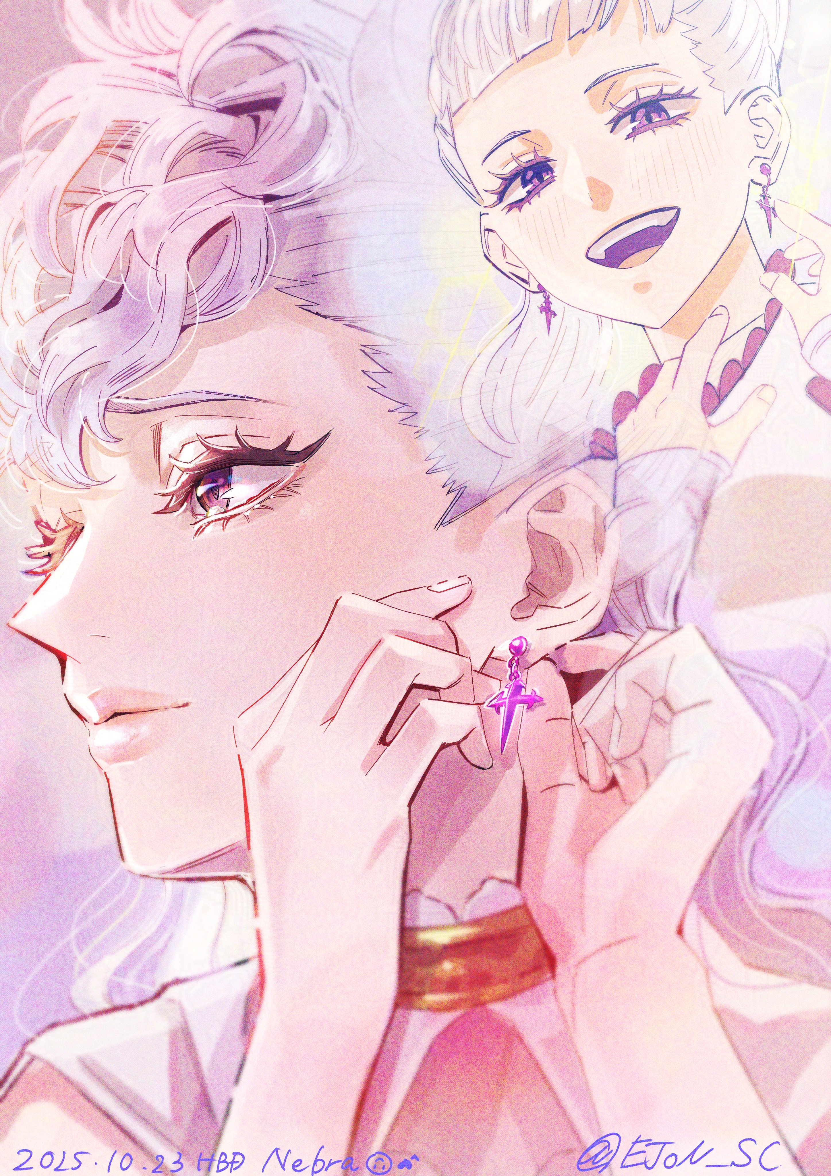 ejon sc, nebra silva, black clover, absurdres, highres, 2girls, character name, clothing cutout, cross, cross earrings, crying, crying with eyes open, dated, dress, earrings, grey hair, hair between eyes, jewelry, light smile, medium hair, mother and daughter, multiple girls, purple eyes, remembering, tears, twitter username, white dress