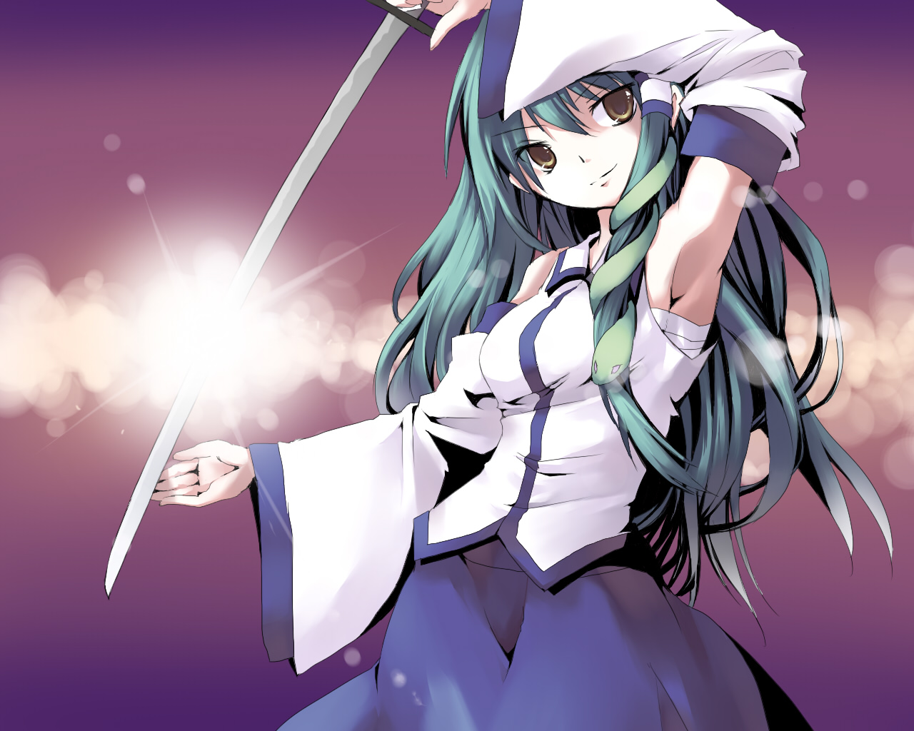 myaaco, kochiya sanae, touhou, bad id, bad pixiv id, 1girl, armpits, detached sleeves, female focus, green hair, katana, lens flare, sarashi, solo, split mouth, standing, sword, weapon