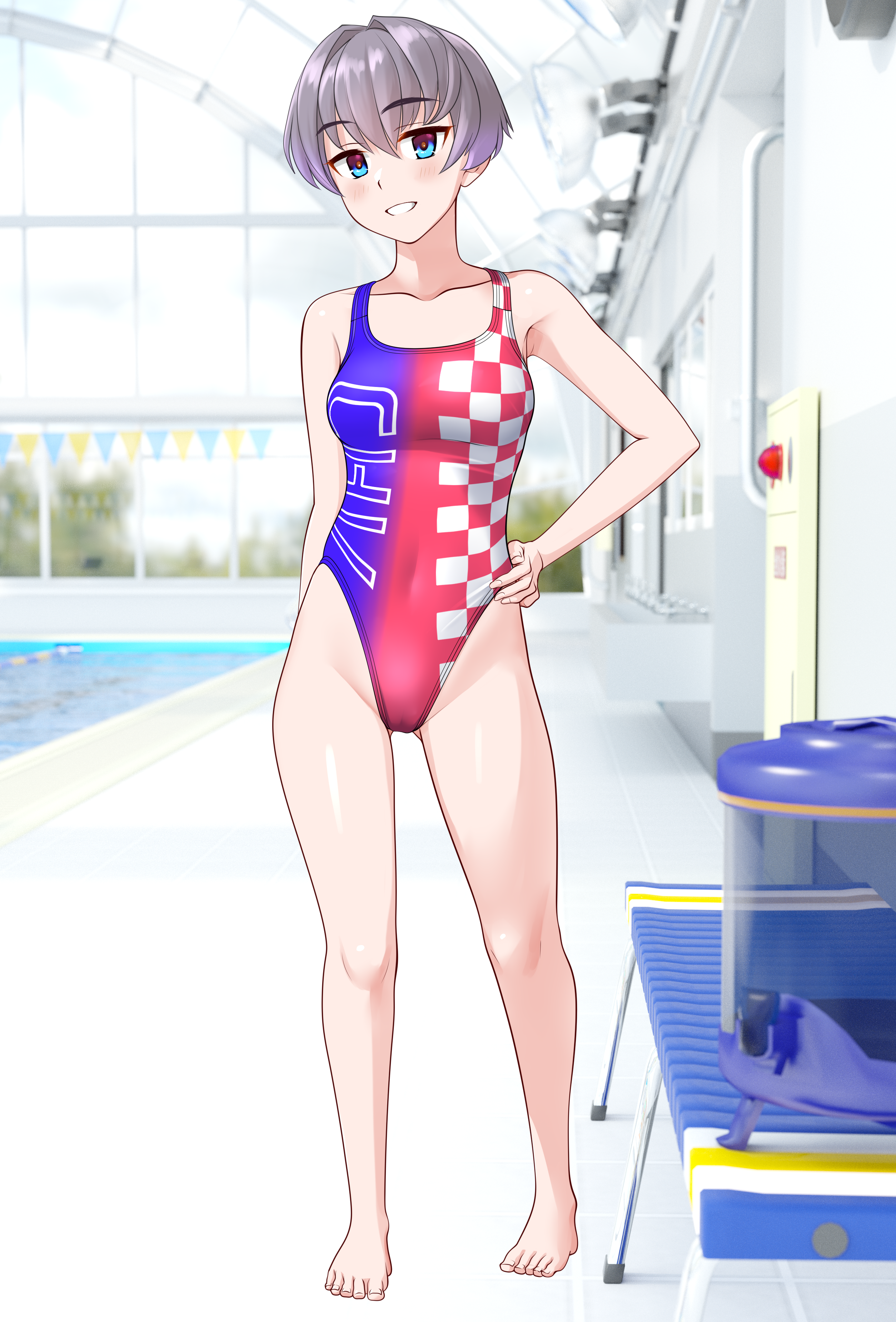 takafumi, original, absurdres, commentary request, highres, variant set, 1girl, barefoot, bench, blue eyes, breasts, checkered clothes, competition swimsuit, full body, gradient swimsuit, grey hair, grin, hand on own hip, highleg, highleg one-piece swimsuit, indoors, medium breasts, multicolored swimsuit, one-piece swimsuit, poolside, race queen, red one-piece swimsuit, short hair, smile, solo, swimsuit