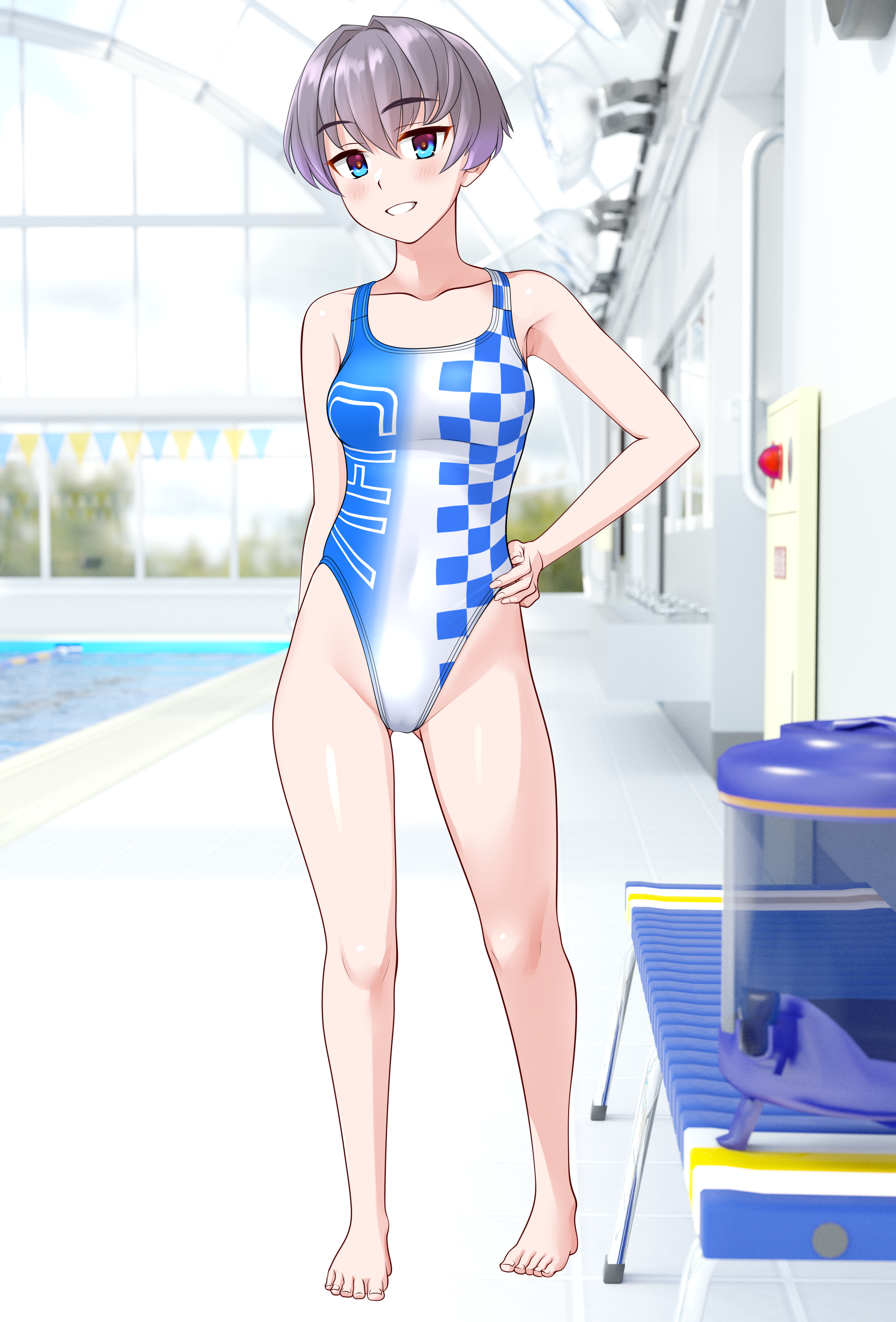 takafumi, original, absurdres, commentary request, highres, variant set, 1girl, barefoot, bench, blue eyes, blue one-piece swimsuit, breasts, checkered clothes, competition swimsuit, full body, gradient swimsuit, grey hair, grin, hand on own hip, highleg, highleg one-piece swimsuit, indoors, medium breasts, multicolored swimsuit, one-piece swimsuit, poolside, race queen, short hair, smile, solo, swimsuit