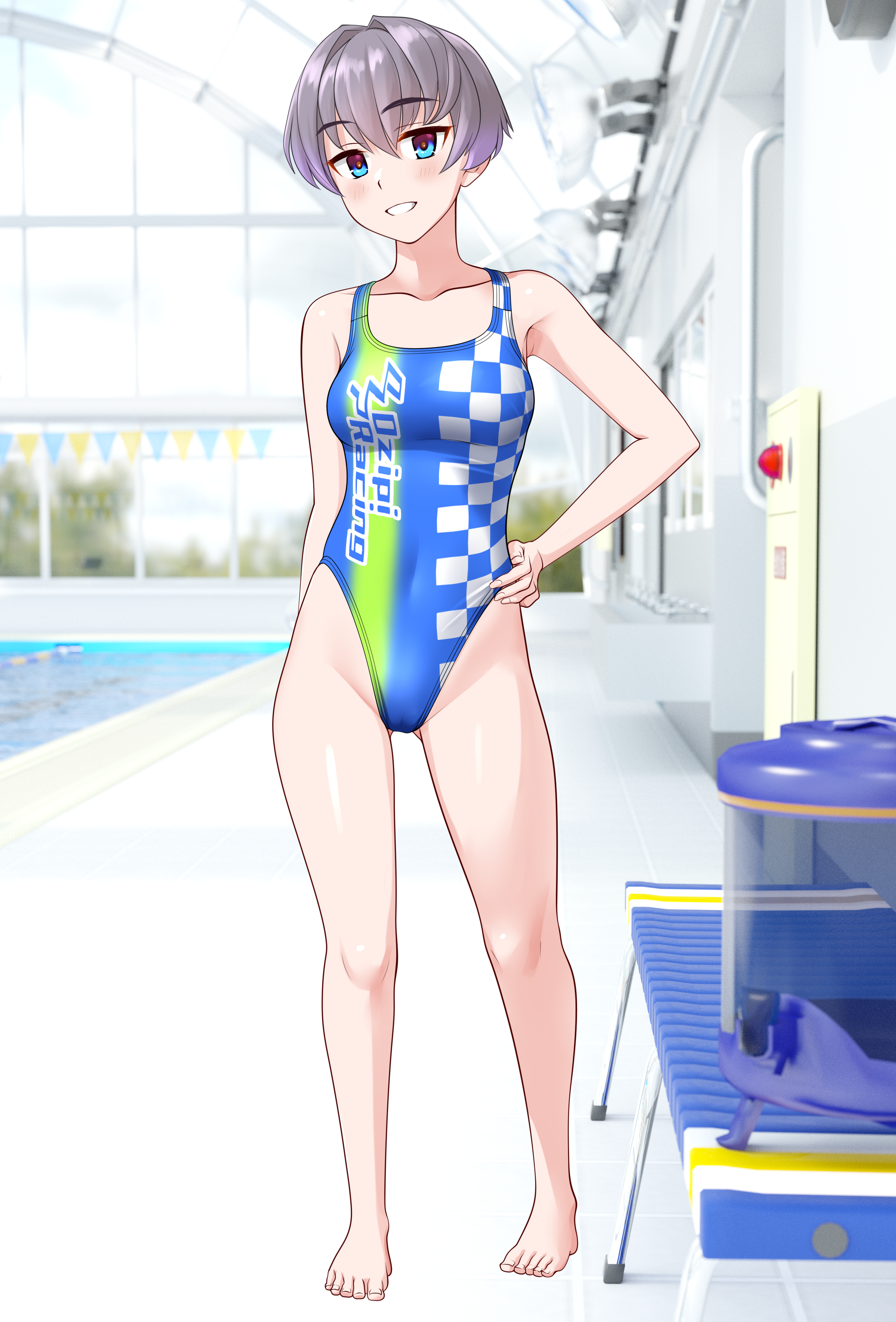 takafumi, original, absurdres, commentary request, highres, variant set, 1girl, barefoot, bench, blue eyes, blue one-piece swimsuit, breasts, checkered clothes, competition swimsuit, full body, gradient swimsuit, grey hair, grin, hand on own hip, highleg, highleg one-piece swimsuit, indoors, medium breasts, multicolored swimsuit, one-piece swimsuit, poolside, race queen, short hair, smile, solo, swimsuit