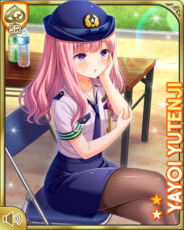 qp:flapper, yutenji yayoi, girlfriend (kari), official art, tagme, 1girl, :o, blue hat, blue necktie, blue skirt, breasts, card (medium), character name, day, hair ornament, hand on own face, hat, looking at viewer, medium breasts, medium hair, necktie, open mouth, outdoors, pantyhose, pencil skirt, pink hair, police, police hat, police uniform, policewoman, purple eyes, shirt, sitting, skirt, solo, table, teacher, white shirt