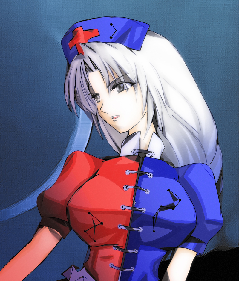 pujyoi, yagokoro eirin, touhou, silver hair, 1girl, breasts, female focus, gradient background, grey eyes, hat, large breasts, long hair, nurse cap, solo, upper body