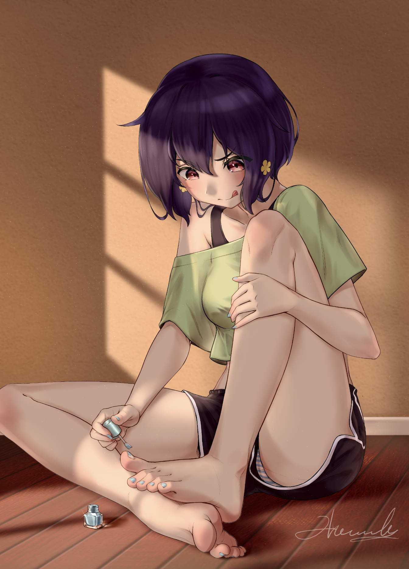 flamerush191, mizuno ai, zombie land saga, highres, 1girl, :q, barefoot, dolphin shorts, feet, light blush, medium hair, nail polish, panties, pantyshot, red eyes, shorts, soles, striped clothes, striped panties, toenail polish, toenails, toes, tongue, tongue out, underwear