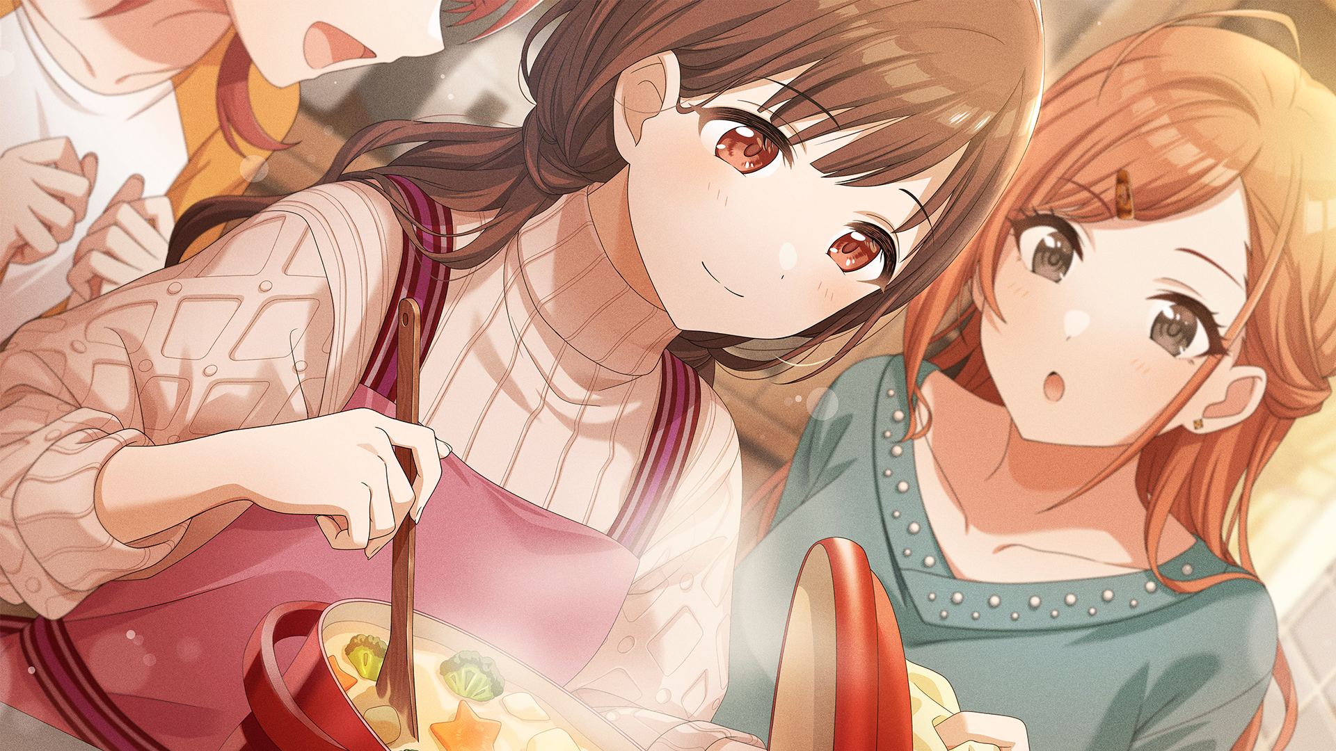 arisugawa natsuha, sonoda chiyoko, idolmaster, idolmaster shiny colors, idolmaster shiny colors song for prism, game cg, highres, official art, apron, brown hair, earrings, food, grey eyes, holding, jewelry, open mouth, orange hair, red eyes, smile, steam