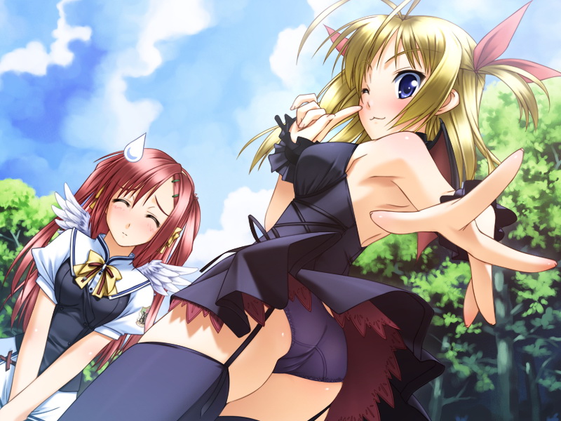 minase lin, murakami suigun, asanagi konatsu, sakurakaze urara, kokoyori haruka -surrounded sea in the world-, game cg, 2girls, :3, angel wings, antenna hair, armpits, ass, black dress, black panties, black thighhighs, blue eyes, blush, closed eyes, cloud, day, dress, garter belt, hair ornament, hair ribbon, hairclip, lingerie, long hair, multiple girls, one eye closed, outdoors, panties, petticoat, pink hair, ribbon, school uniform, short twintails, skirt, sky, sweatdrop, thighhighs, thighs, tree, twintails, two side up, underwear, upskirt, wind, wind lift, wings, wink