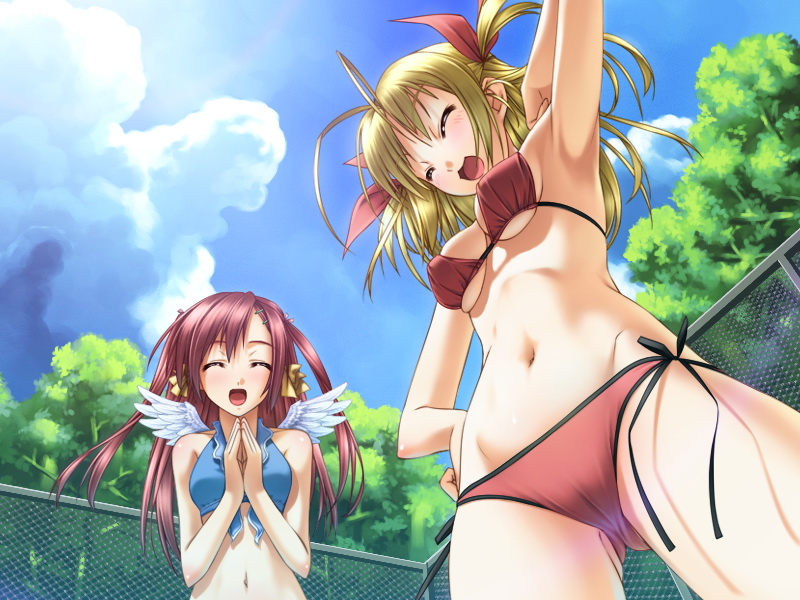 minase lin, murakami suigun, asanagi konatsu, sakurakaze urara, kokoyori haruka -surrounded sea in the world-, 2girls, angel wings, antenna hair, armpits, bikini, blonde hair, breasts, cameltoe, chain-link fence, closed eyes, day, fence, from below, hair ornament, hair ribbon, hairclip, happy, long hair, lowleg, lowleg bikini, medium breasts, multiple girls, navel, outdoors, own hands together, pink hair, ribbon, short twintails, side-tie bikini bottom, sky, swimsuit, tankini, tree, twintails, two side up, underboob, wings