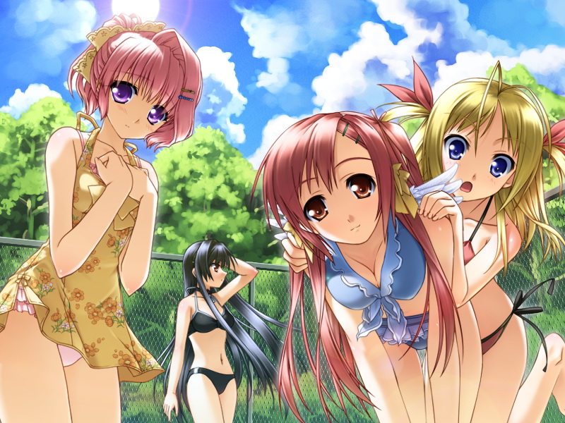 minase lin, murakami suigun, asanagi konatsu, kirihito konomi, sakurakaze urara, umi (kokoyori haruka), kokoyori haruka -surrounded sea in the world-, umi, game cg, 4girls, angel wings, antenna hair, bent over, bikini, bikini under clothes, black hair, blonde hair, blue eyes, blush, breasts, brown eyes, chain-link fence, choker, cleavage, cloud, day, dress, fence, frilled bikini, frills, hair ornament, hair ribbon, hairclip, hug, large breasts, long hair, medium breasts, multiple girls, open mouth, outdoors, pink hair, purple eyes, ribbon, short dress, short hair, short twintails, side-tie bikini bottom, sky, swimsuit, swimsuit under clothes, tree, twintails, two side up, very long hair, wings
