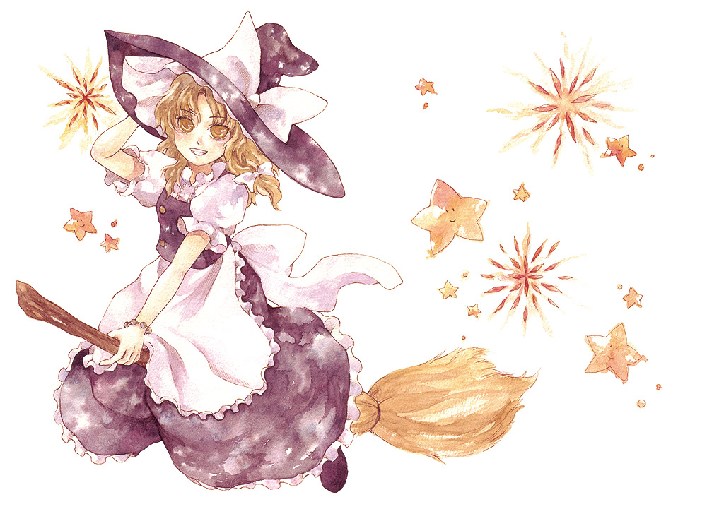 mabiko, shiroma (mamiko), kirisame marisa, touhou, bad id, bad pixiv id, 1girl, blonde hair, broom, female focus, hat, short hair, solo, witch, witch hat, yellow eyes