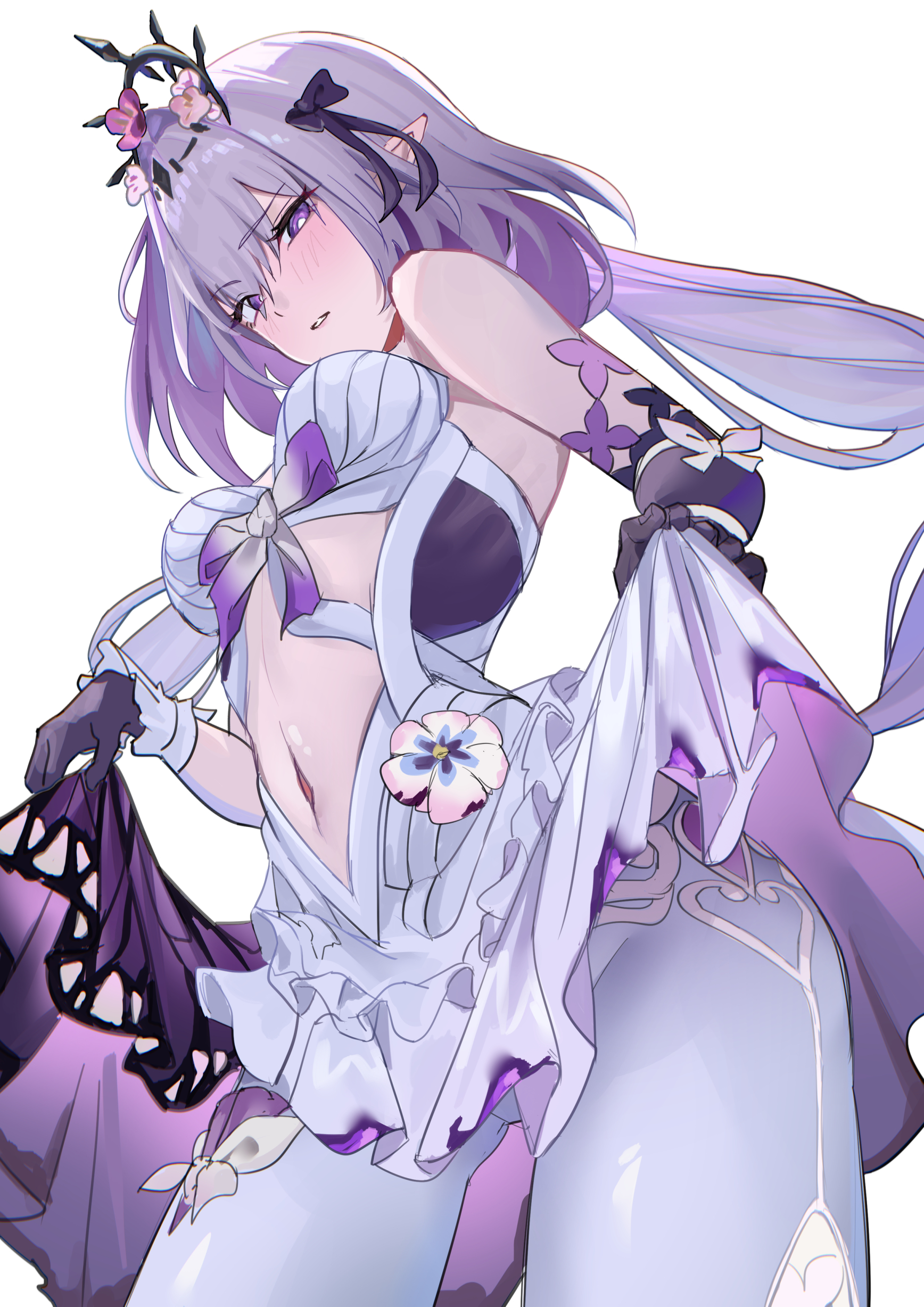 zawzawa, castorice (honkai: star rail), honkai: star rail, honkai (series), absurdres, hashtag-only commentary, highres, 1girl, black tiara, bug, butterfly, butterfly ornament, gloves, insect, navel, pointy ears, purple butterfly, purple gloves, purple hair, simple background, solo, tiara, white background