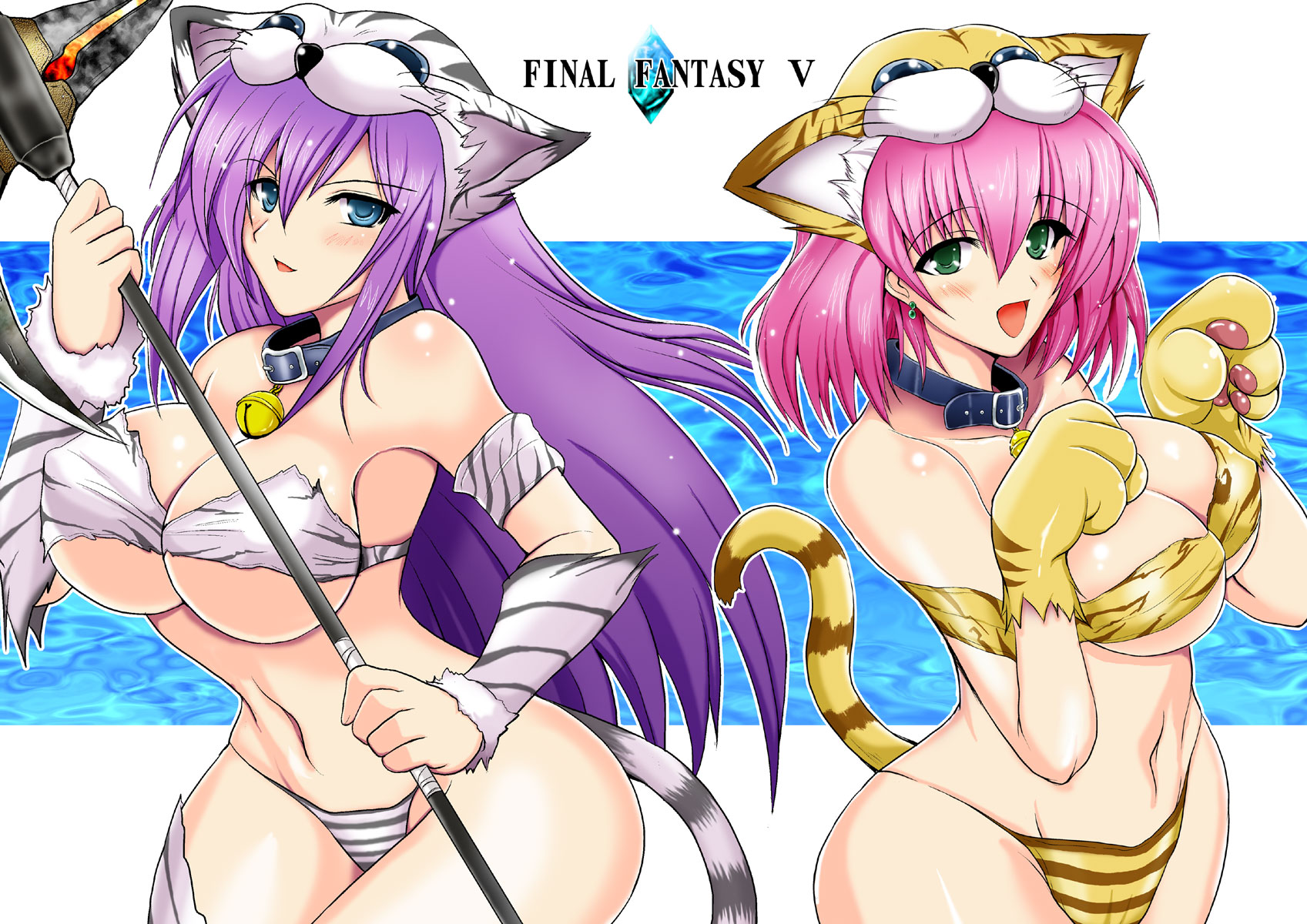 yasakani an, berserker (class), berserker (final fantasy), faris scherwiz, heracles (fate), lenna charlotte tycoon, fate (series), final fantasy, final fantasy v, highres, 1990s (style), 2girls, animal ears, animal hands, animal hat, animal print, armband, axe, bell, blue eyes, blush, breasts, cat ears, cat hat, cat paws, cat tail, collar, copyright name, covered erect nipples, curvy, detached sleeves, earrings, gloves, green eyes, hat, hip focus, huge breasts, impossible clothes, impossible underwear, jewelry, jingle bell, long hair, multiple girls, neck bell, panties, paw gloves, paw pose, pink hair, purple hair, retro artstyle, short hair, siblings, sisters, striped clothes, striped panties, tail, thong, tiger print, underwear, weapon, whiskers, wide hips