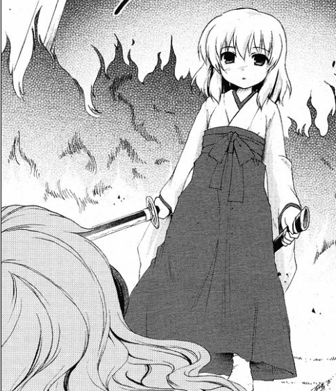 furude ouka, hanyuu, higurashi no naku koro ni, spoilers, 00s, fire, greyscale, japanese clothes, miko, monochrome, sword, weapon