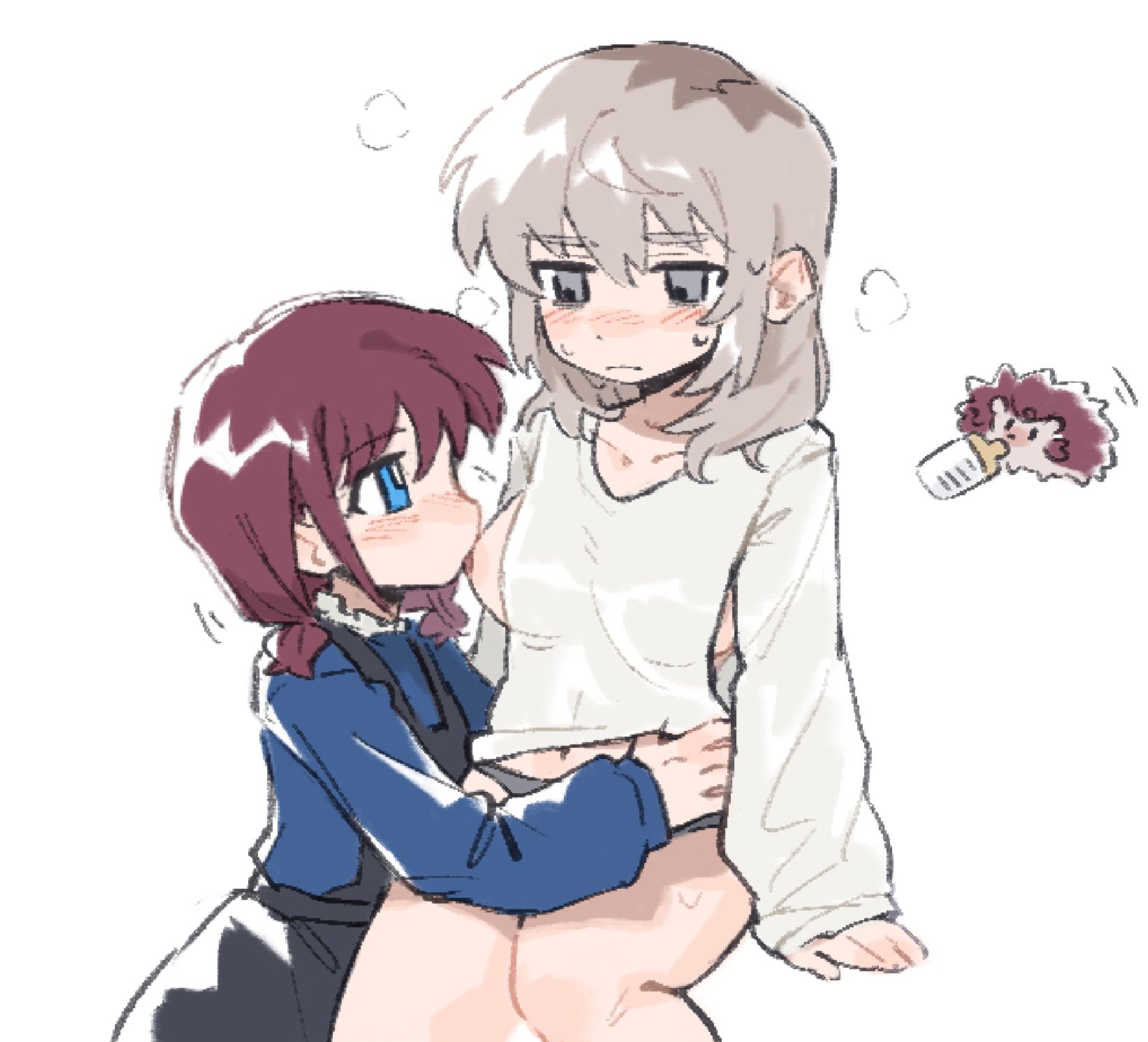 tutai, iseri nina, kawaragi momoka, girls band cry, commentary request, highres, 2girls, animalization, black panties, black skirt, blue eyes, blue shirt, blush, breast sucking, breastfeeding, breasts, closed mouth, grey eyes, grey hair, hedgehog, large breasts, long hair, multicolored hair, multiple girls, nipples, no pants, one breast out, panties, red hair, roots (hair), shirt, short twintails, skirt, suspender skirt, suspenders, twintails, underwear, white shirt, yuri