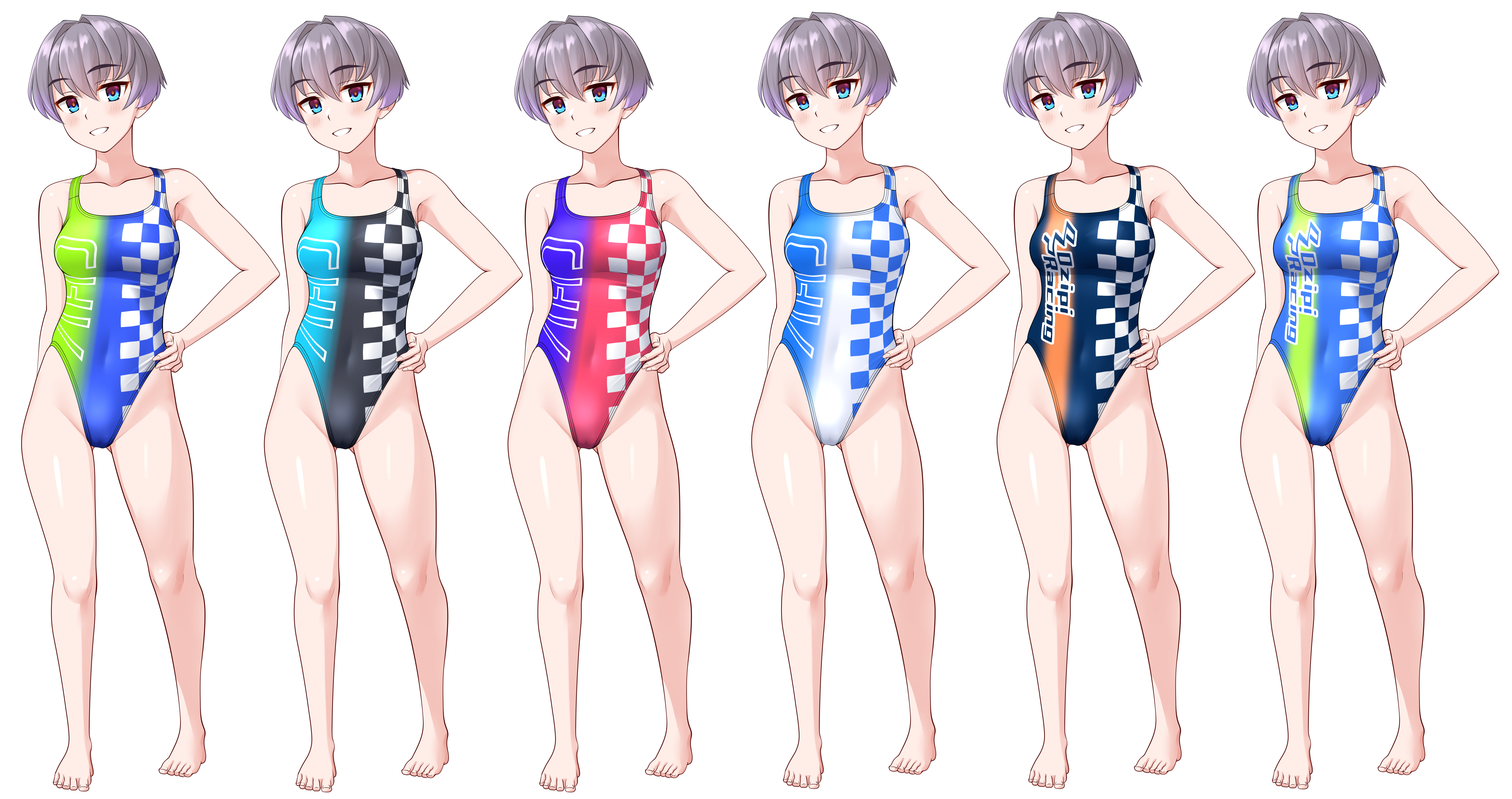 takafumi, original, absurdres, commentary request, highres, variant set, barefoot, black one-piece swimsuit, blue eyes, blue one-piece swimsuit, breasts, checkered clothes, color variation, competition swimsuit, full body, gradient swimsuit, grey hair, grin, hand on own hip, highleg, highleg one-piece swimsuit, medium breasts, multicolored swimsuit, one-piece swimsuit, race queen, red one-piece swimsuit, short hair, simple background, smile, swimsuit, white background