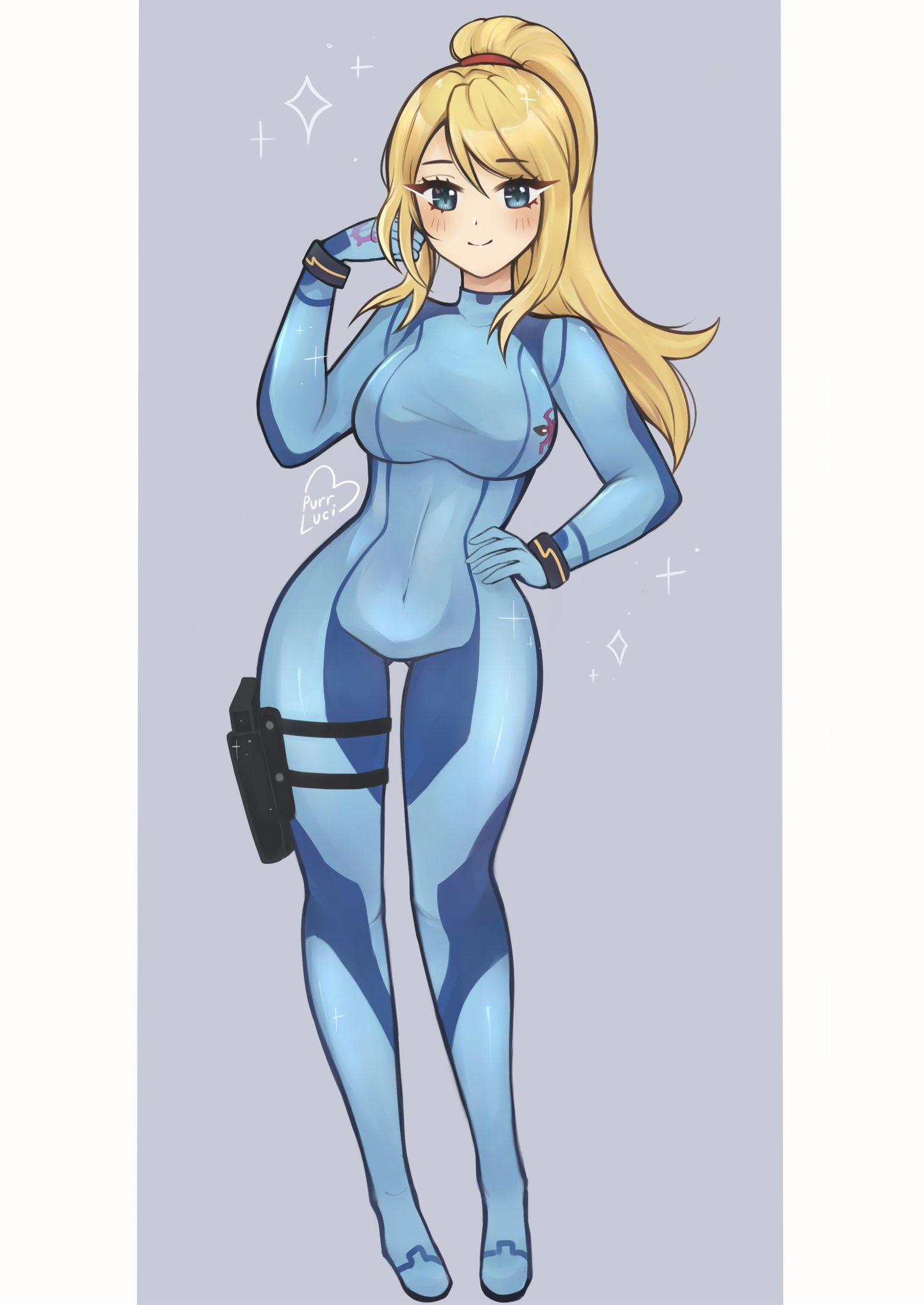 luci (purrlucii), samus aran, metroid, nintendo, commentary, english commentary, highres, 1girl, blonde hair, blue bodysuit, blue eyes, bodysuit, breasts, covered navel, full body, hand on own hip, holster, long hair, looking at viewer, ponytail, purple background, smile, solo, sparkle, sparkling aura, thigh holster, zero suit